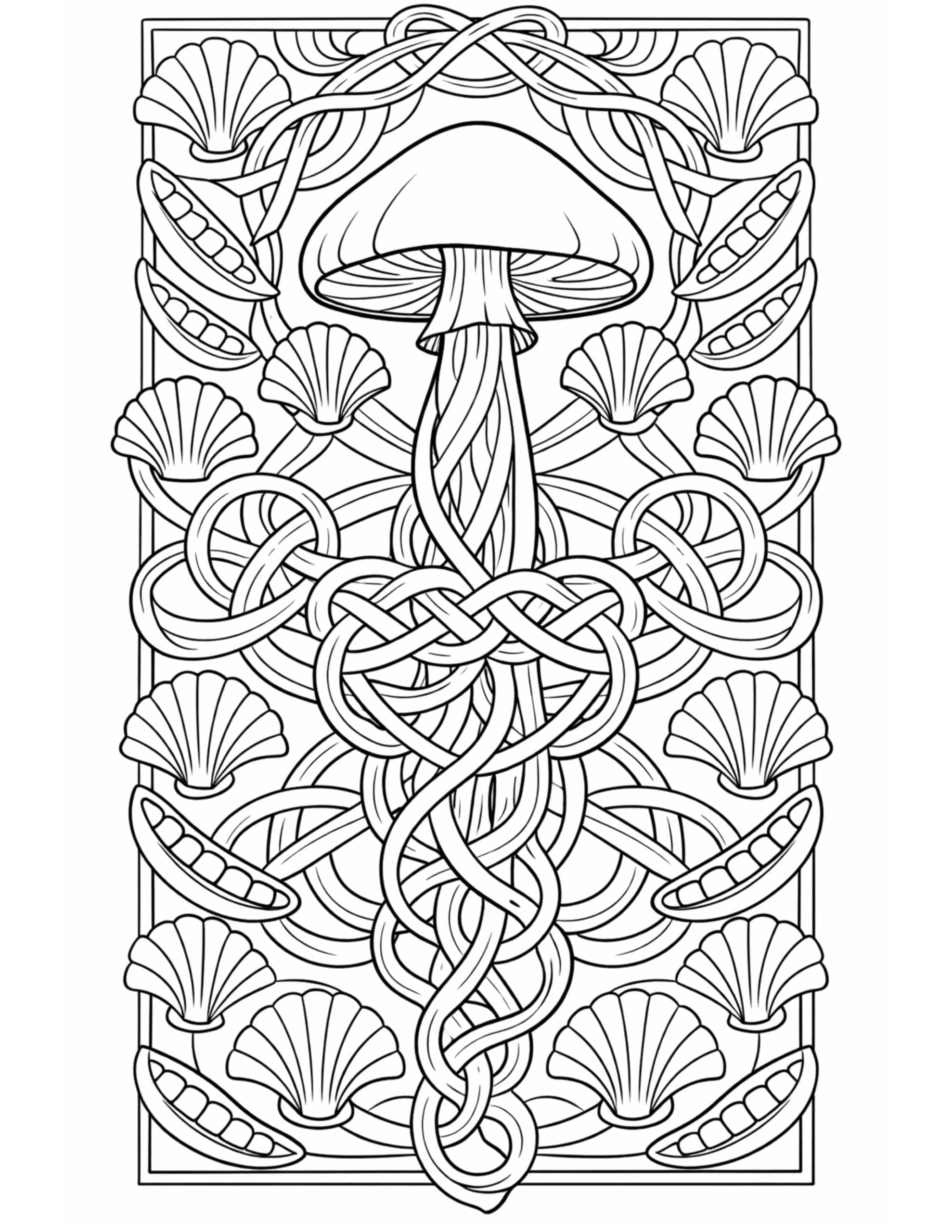 celtic knot mushroom pattern coloring page with intricate knotwork and decorative framing coloring page