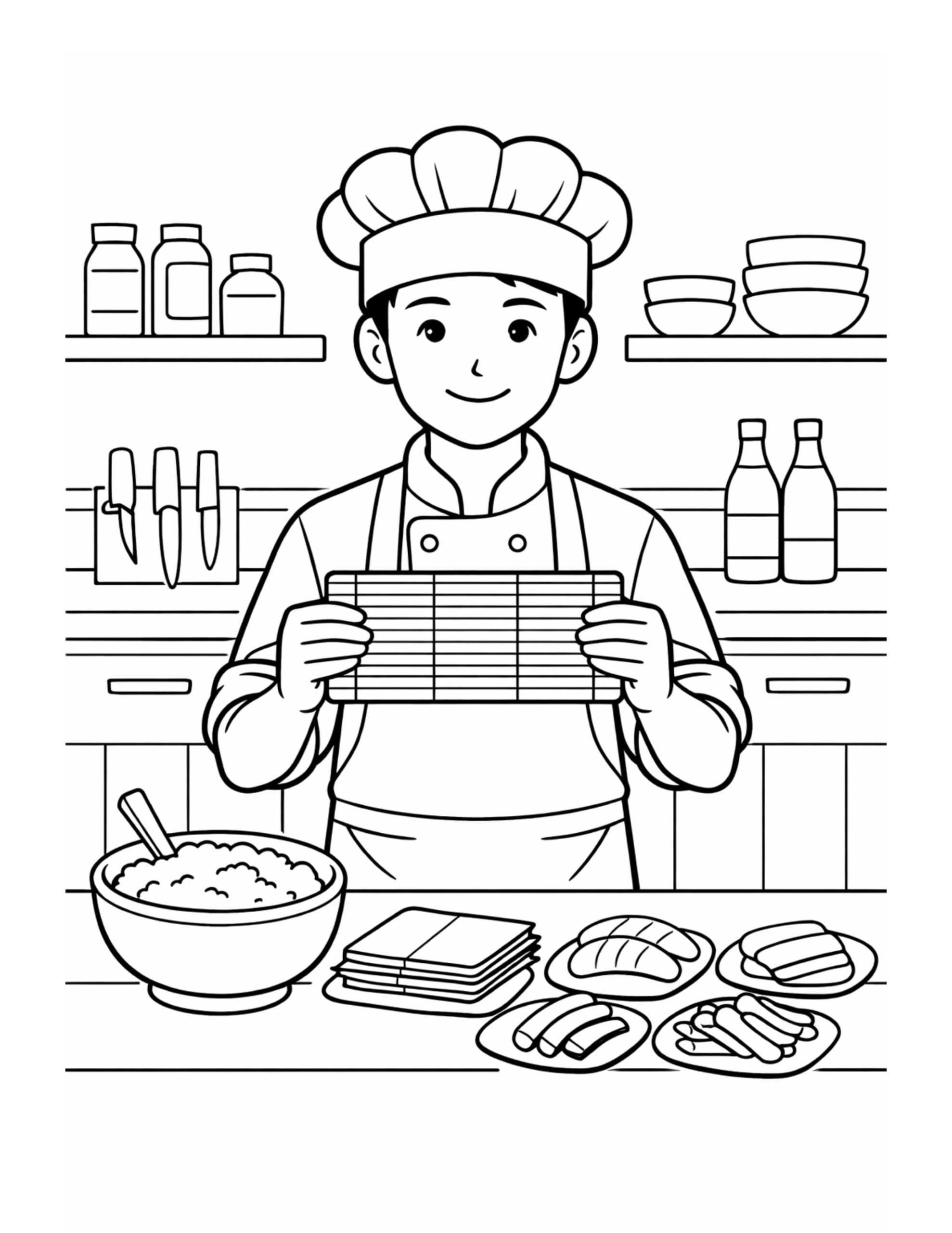 chef holding sushi rolling mat coloring page with rice bowl, nori sheets, and sushi plates coloring page