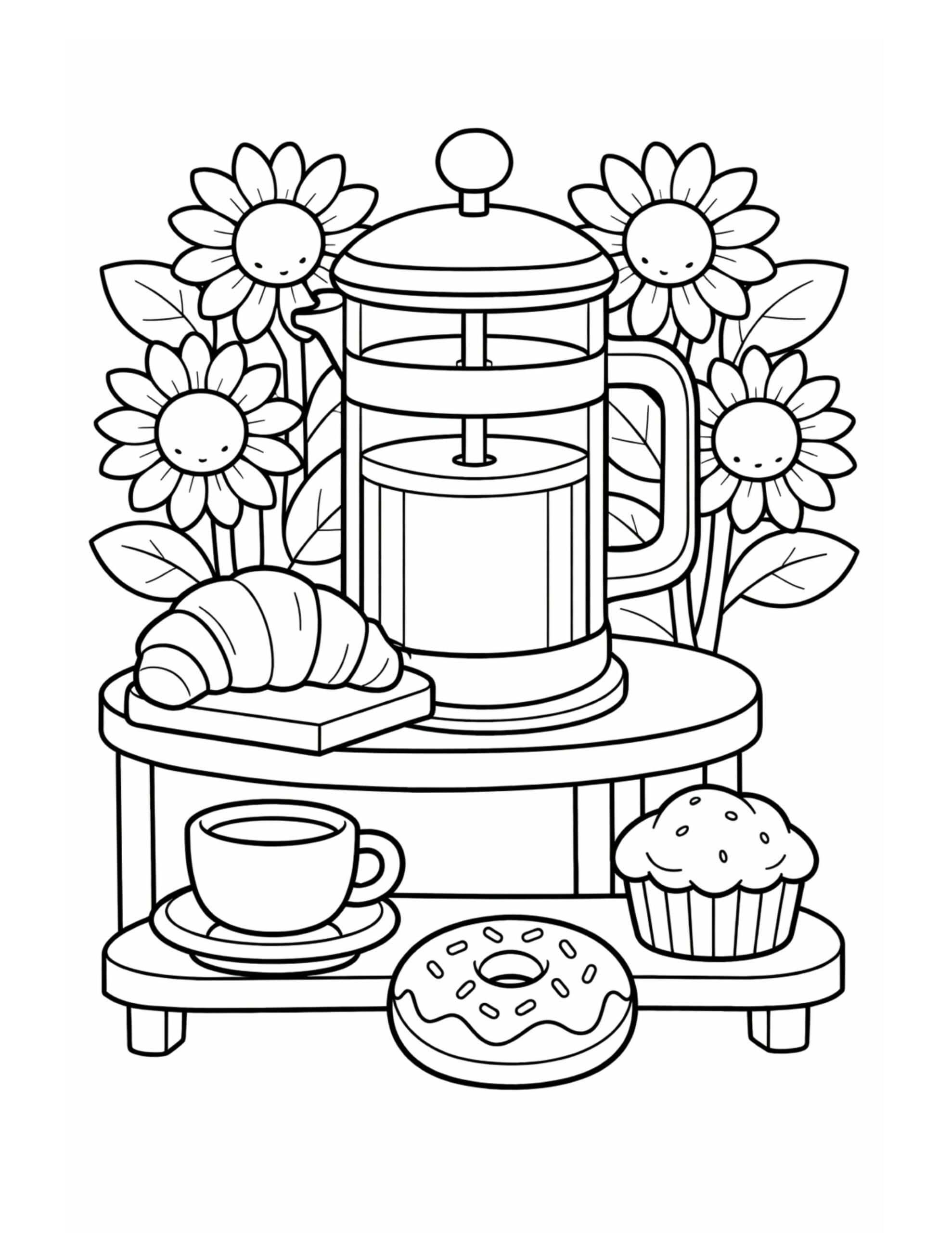 coffee press with pastries coloring page with french press, donut, muffin, croissant, and smiling flowers coloring page