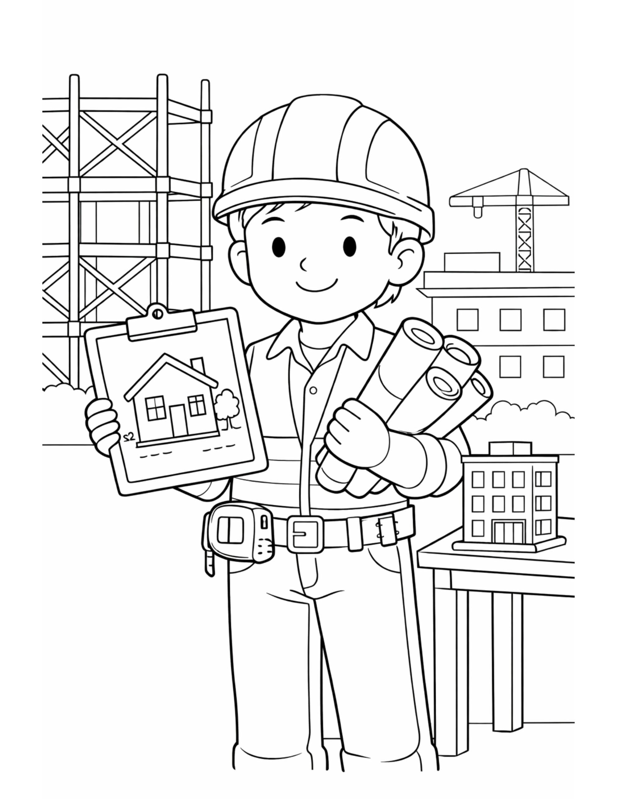 construction worker holding blueprints coloring page with a smiling builder in a hard hat and rolled plans coloring page