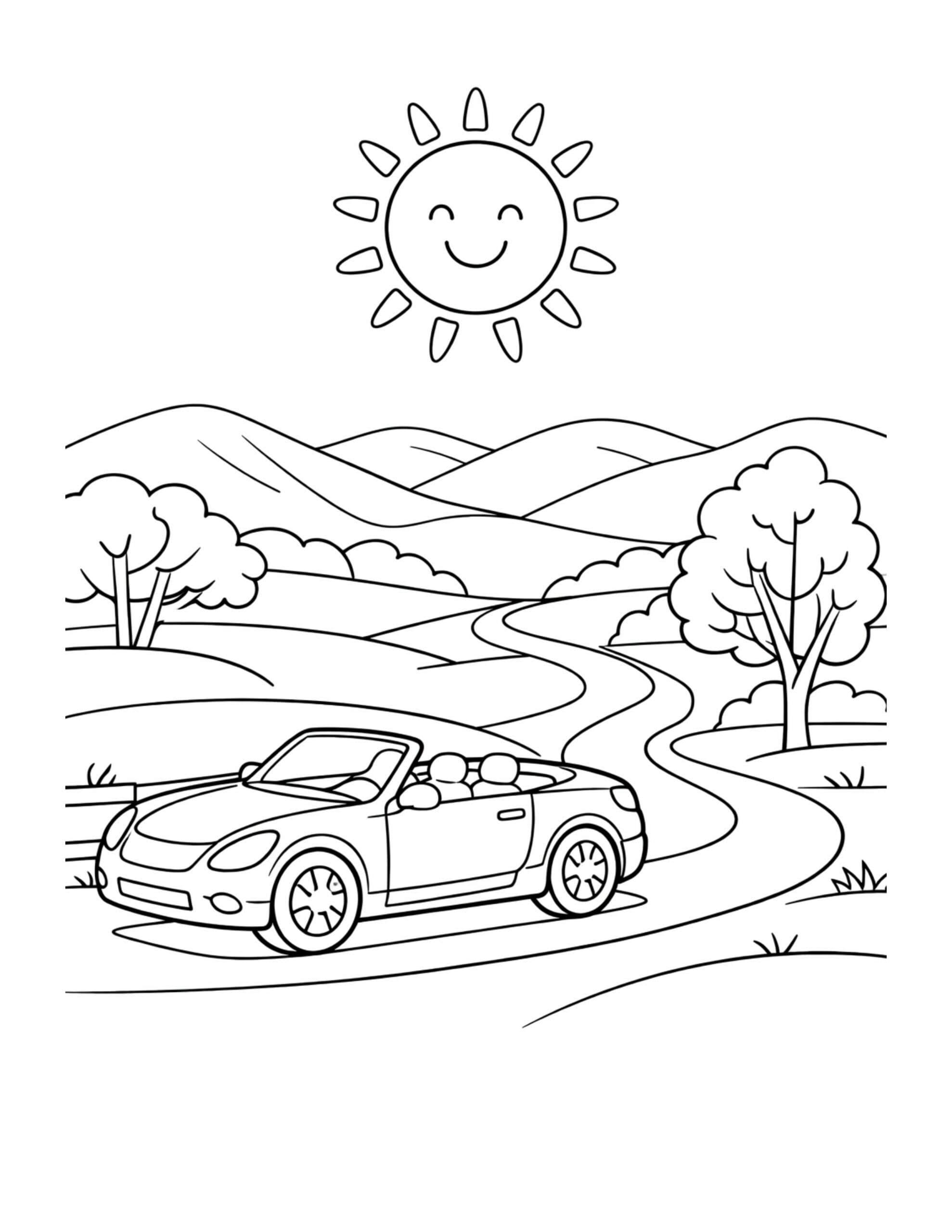 convertible on winding country road coloring page with smiling sun hills and trees coloring page