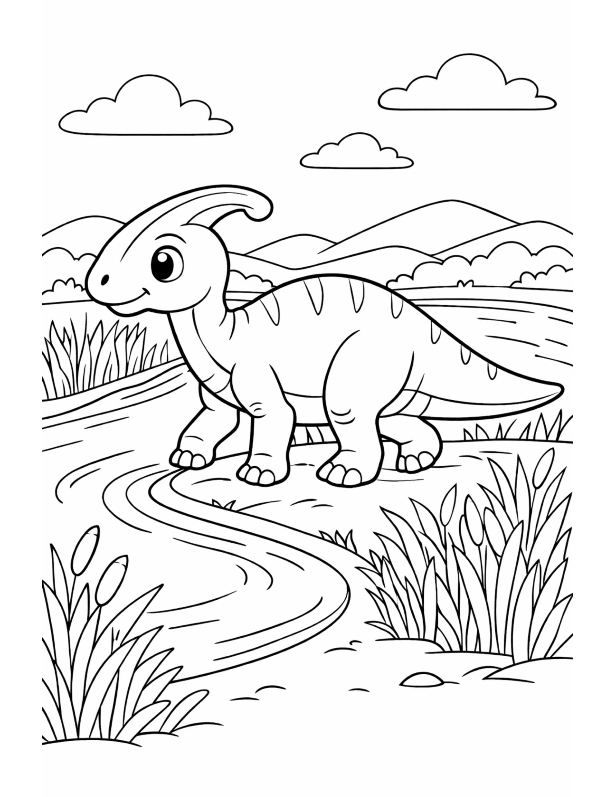 crested dinosaur walking by river coloring page in grassy landscape with clouds and hills coloring page