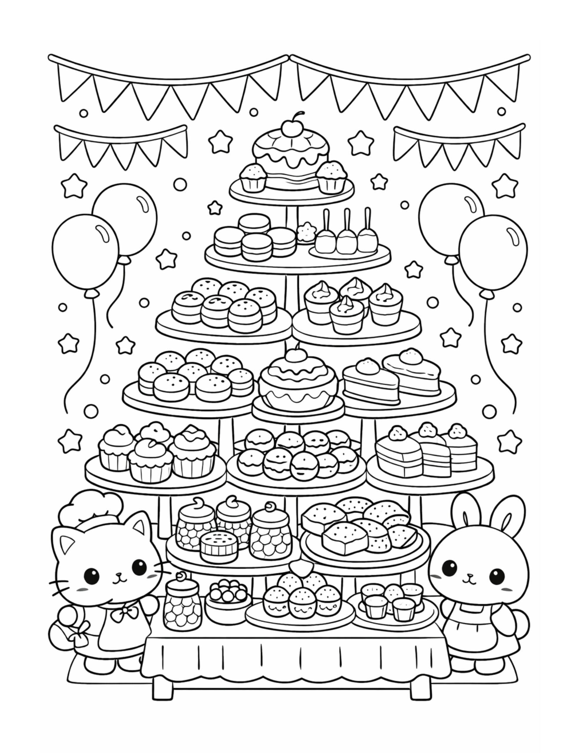 cute animals dessert party coloring page with cat and bunny beside a table of sweets