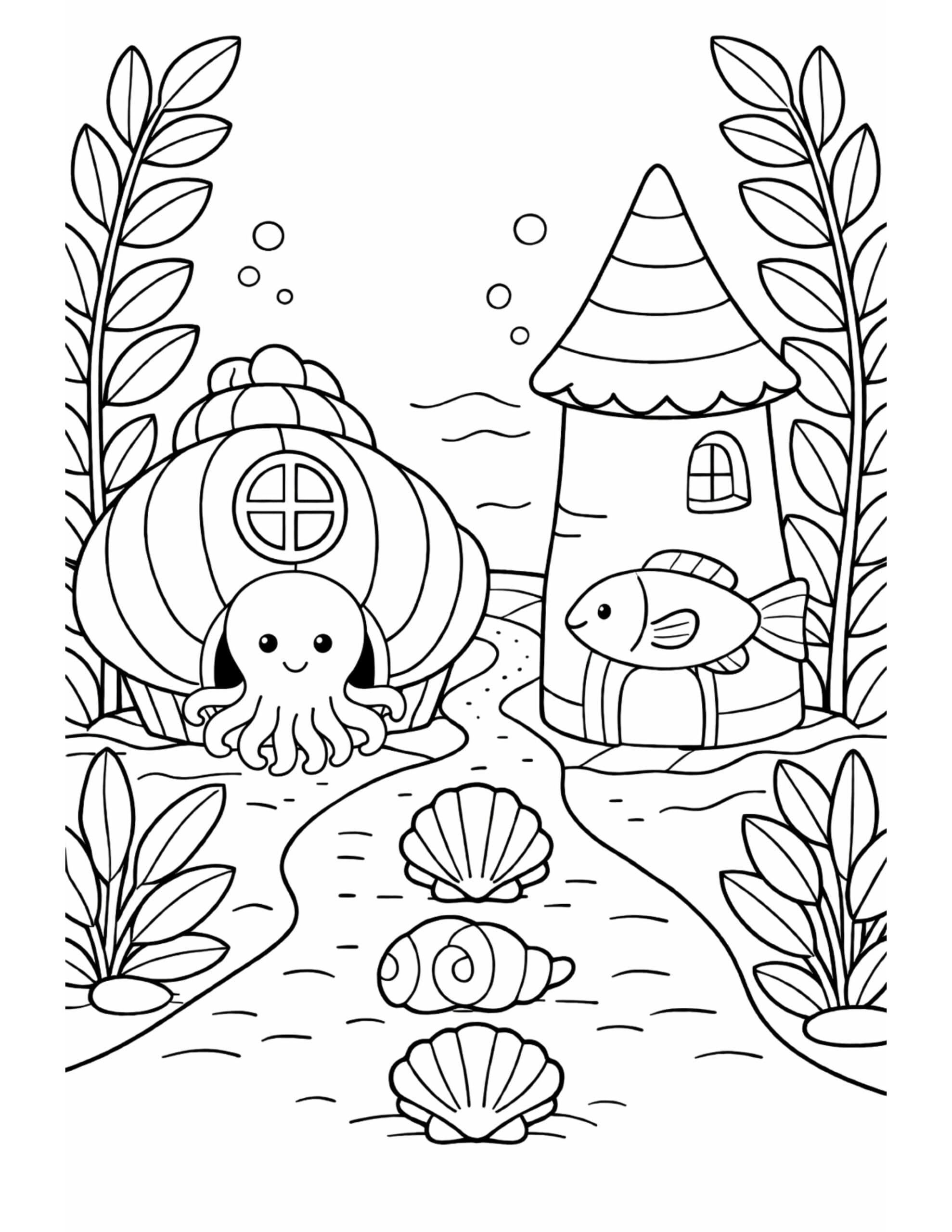 cute octopus at seashell house coloring page showing an octopus, fish house, shells, and sea plants coloring page