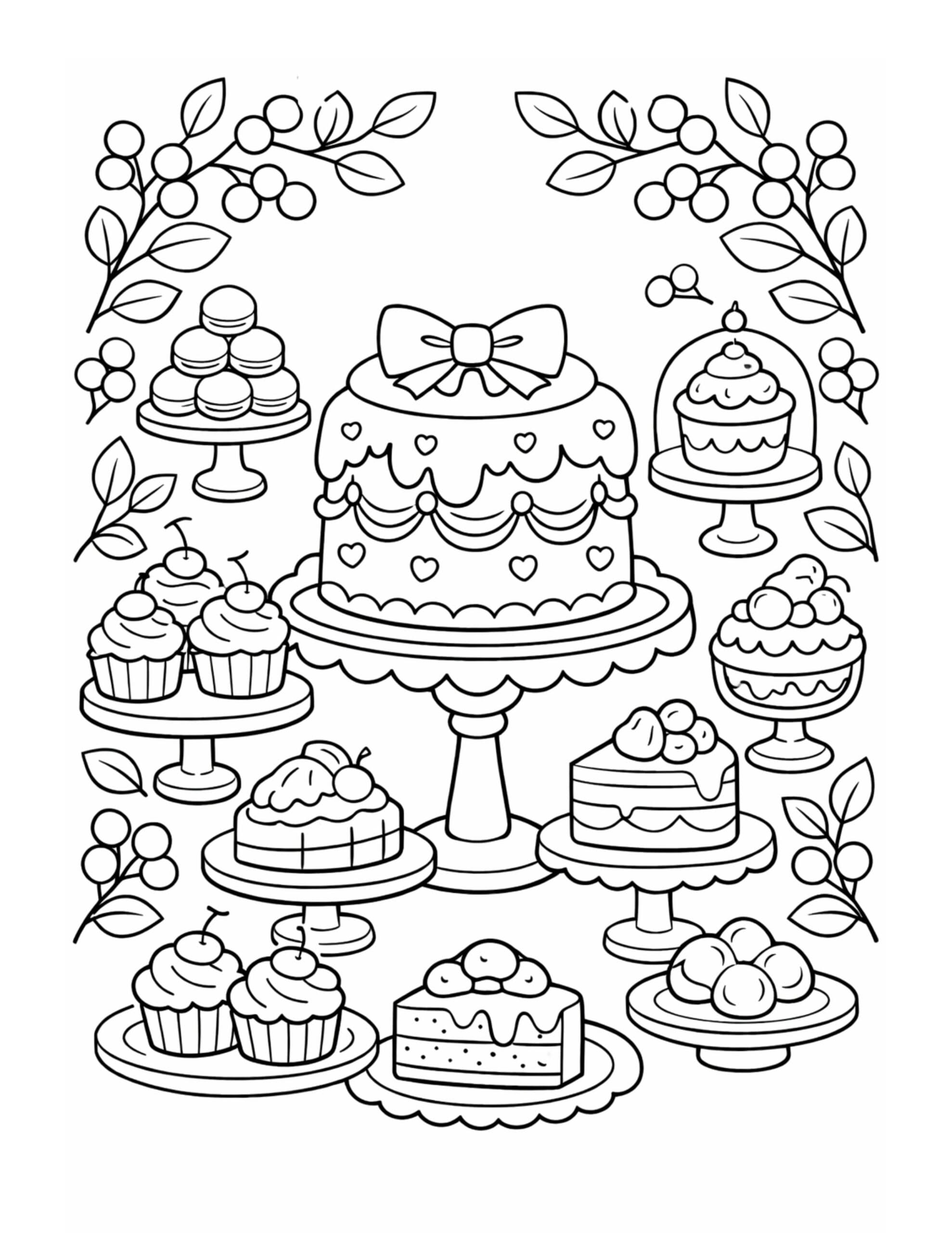 dessert table with decorated cake coloring page featuring cakes cupcakes and pastries on stands coloring page