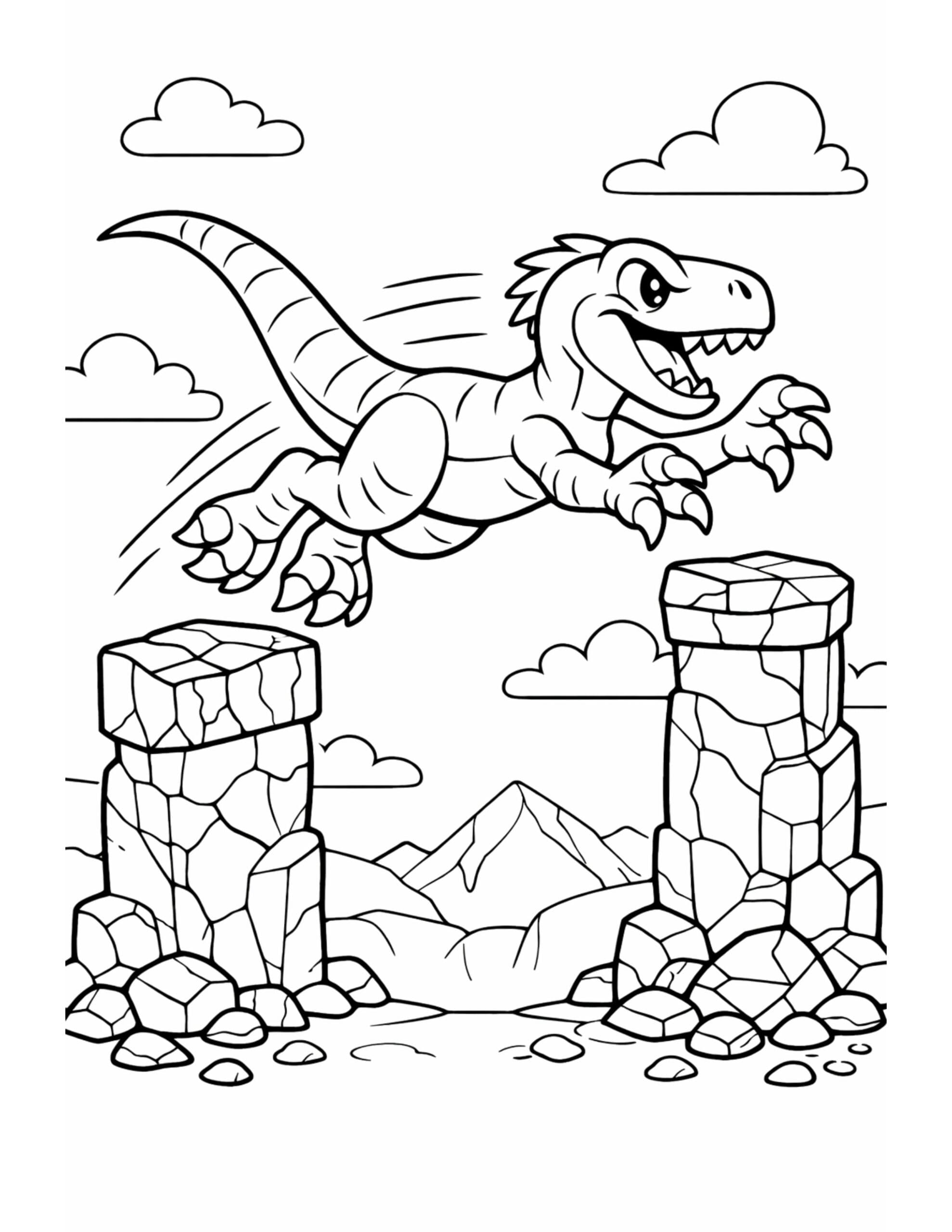 dinosaur jumping between stone pillars coloring page with a dynamic leaping dinosaur over rocky columns