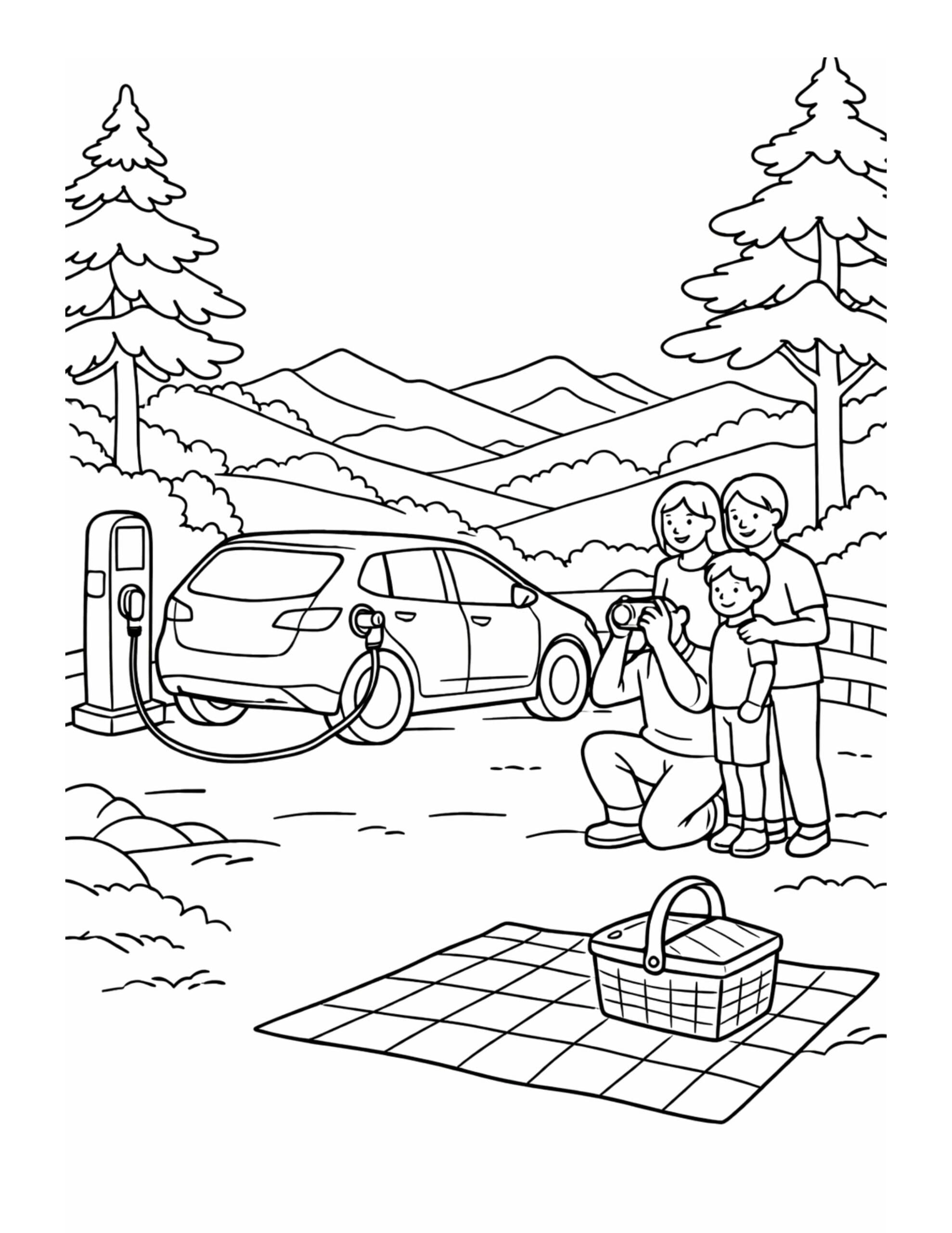 electric car charging picnic coloring page with family posing near a car, picnic blanket, and nature scene coloring page