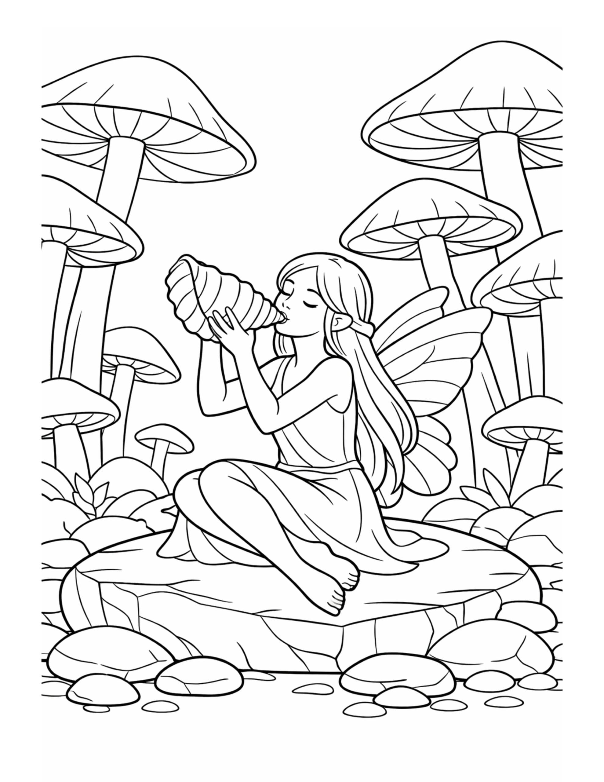 fairy blowing a conch shell coloring page sitting on a rock surrounded by mushrooms coloring page