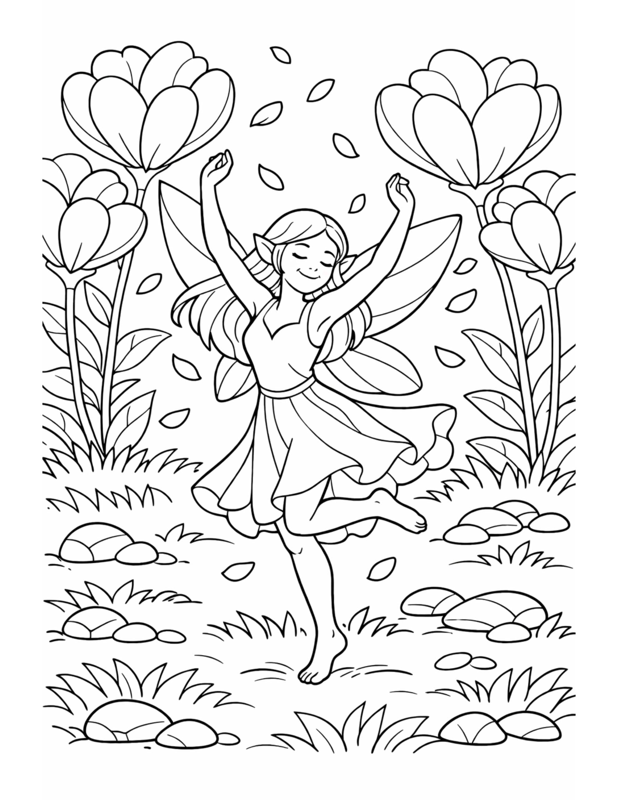 fairy dancing among flower petals coloring page with a smiling fairy between tall flowers and falling petals coloring page