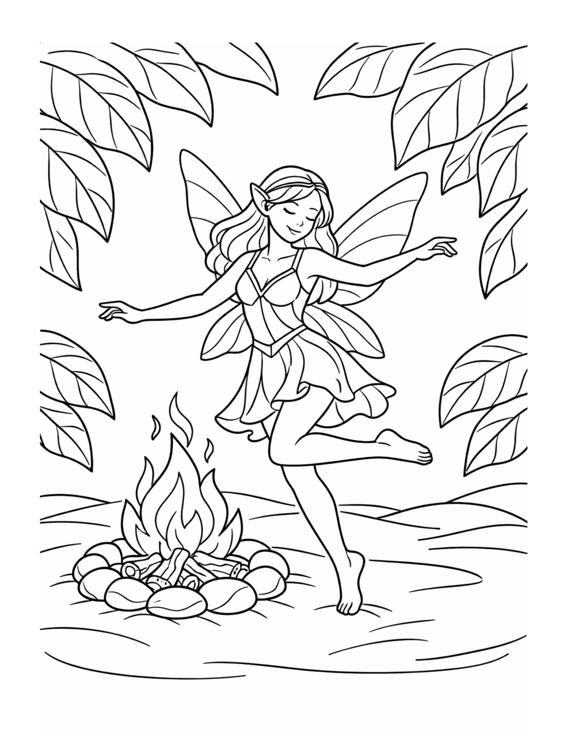 fairy dancing by a campfire coloring page in a leafy forest clearing with stones logs and flames