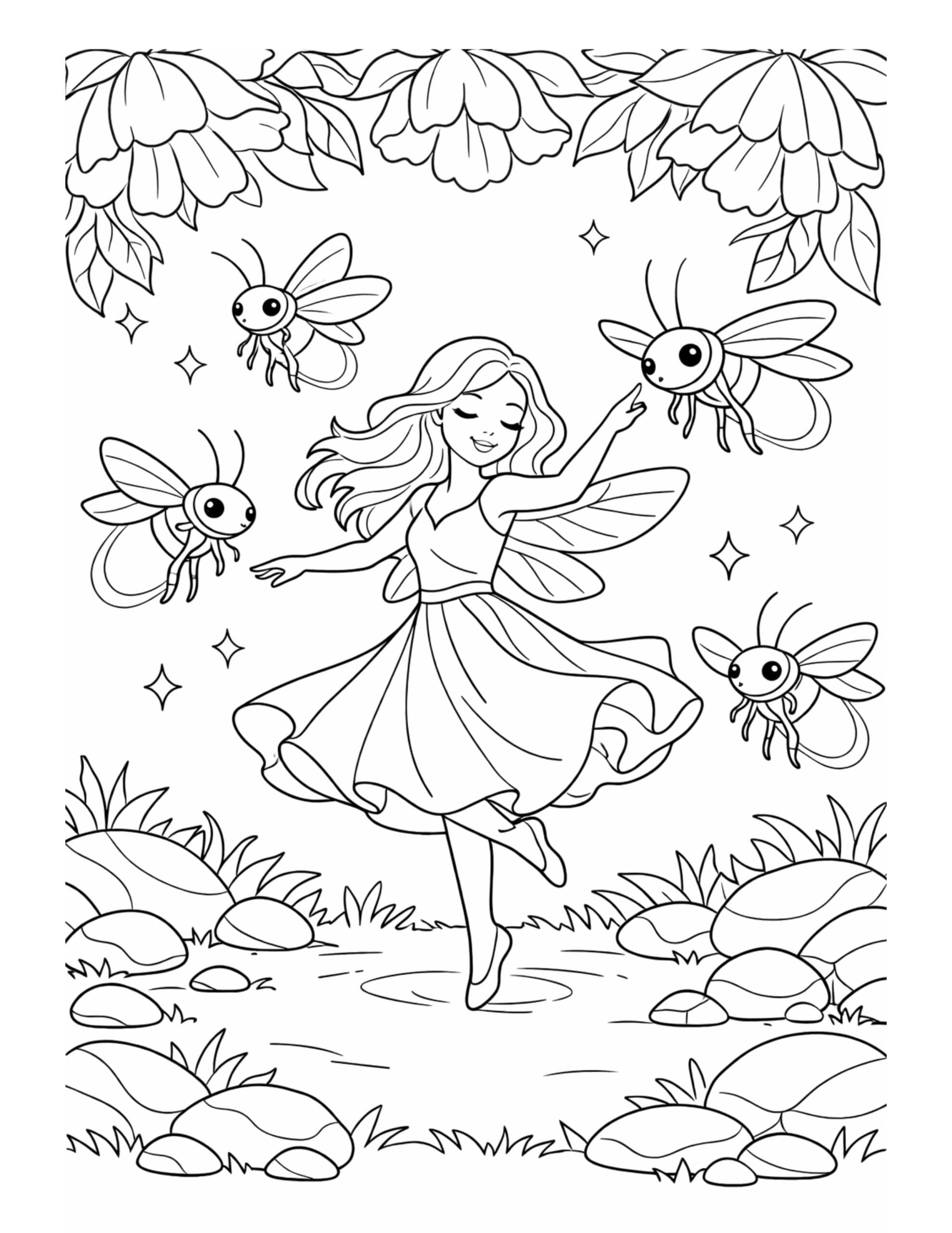 fairy dancing with fireflies coloring page featuring a graceful fairy surrounded by glowing insects