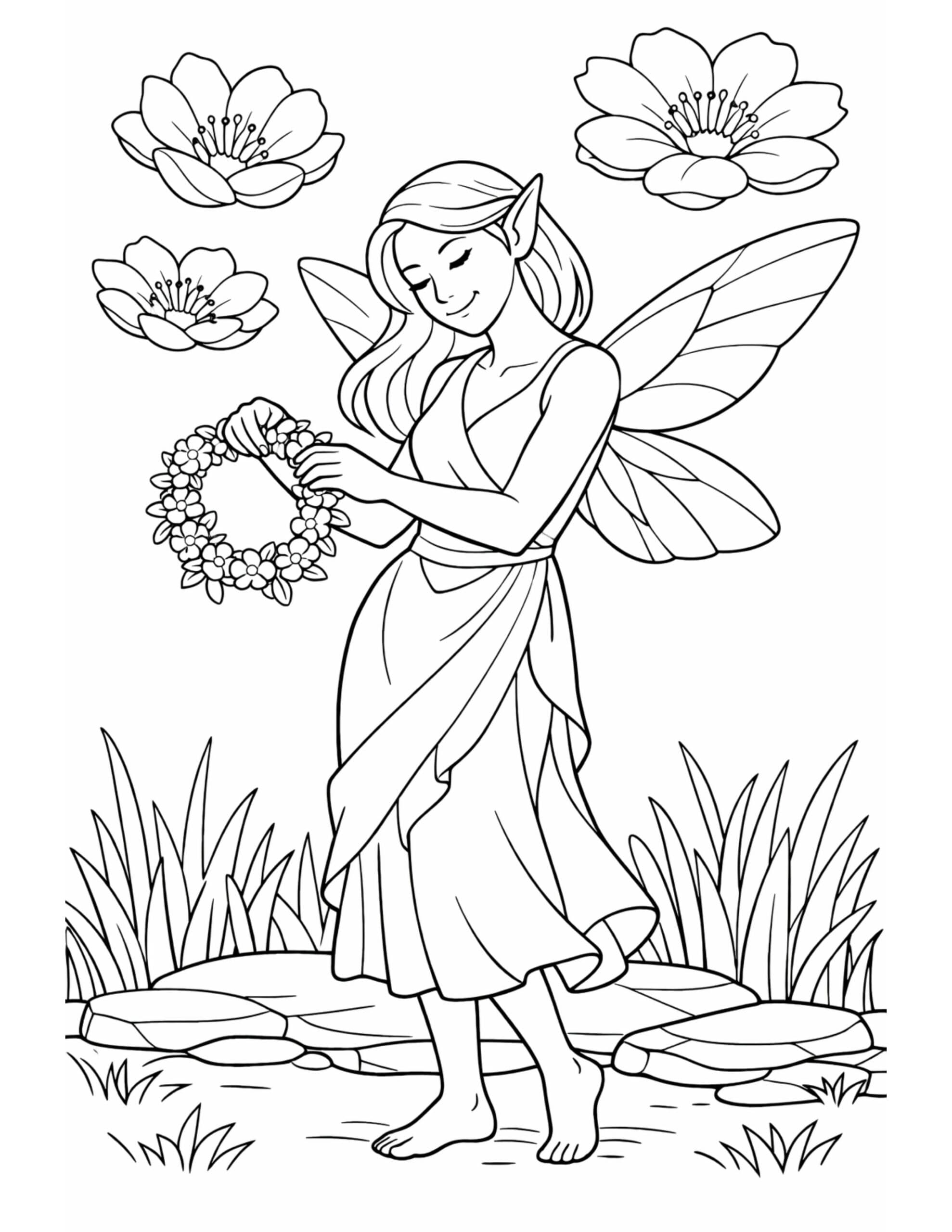 fairy holding a flower wreath coloring page with gentle wings and floating blossoms in a grassy scene coloring page
