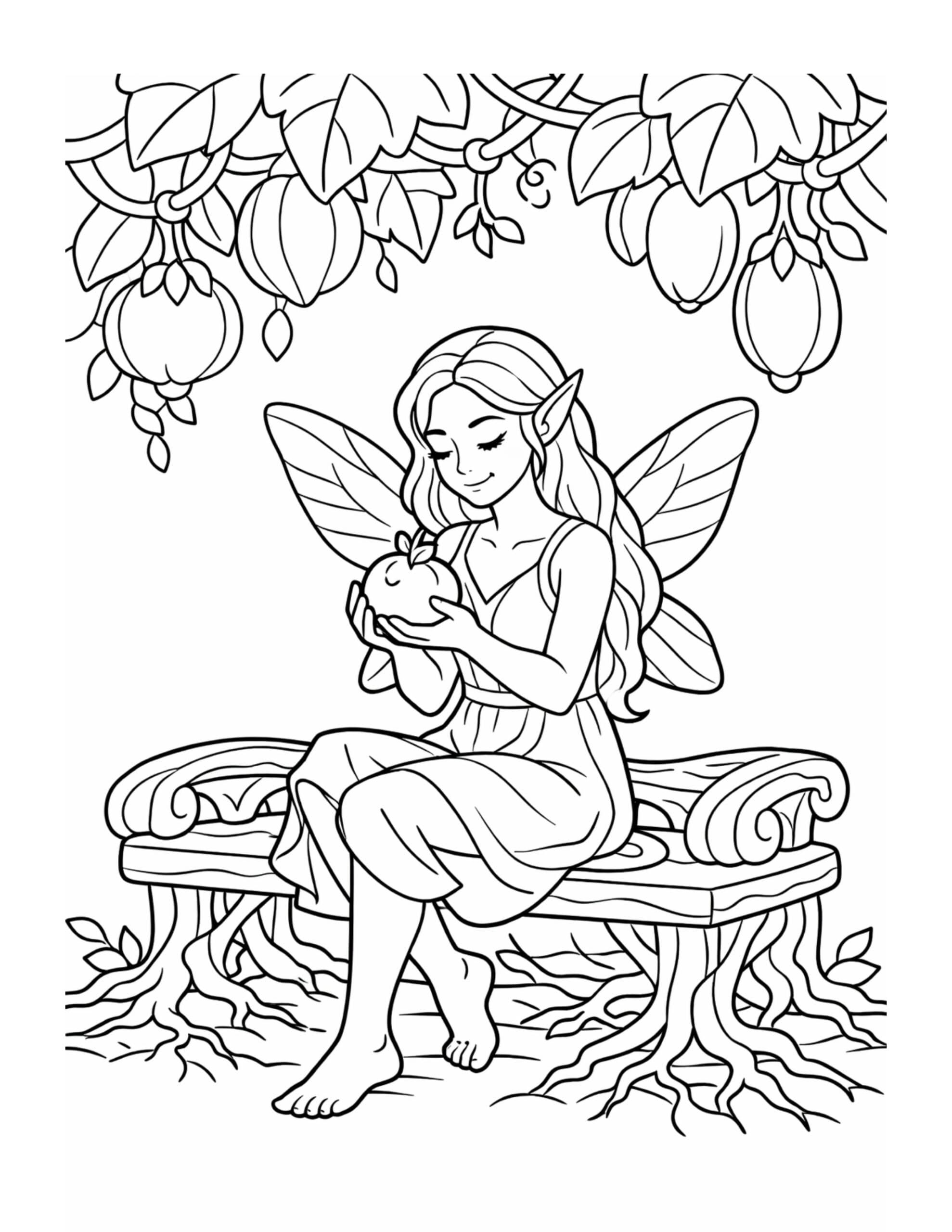 fairy holding apple on bench coloring page with hanging fruit and leafy vines above a root bench coloring page
