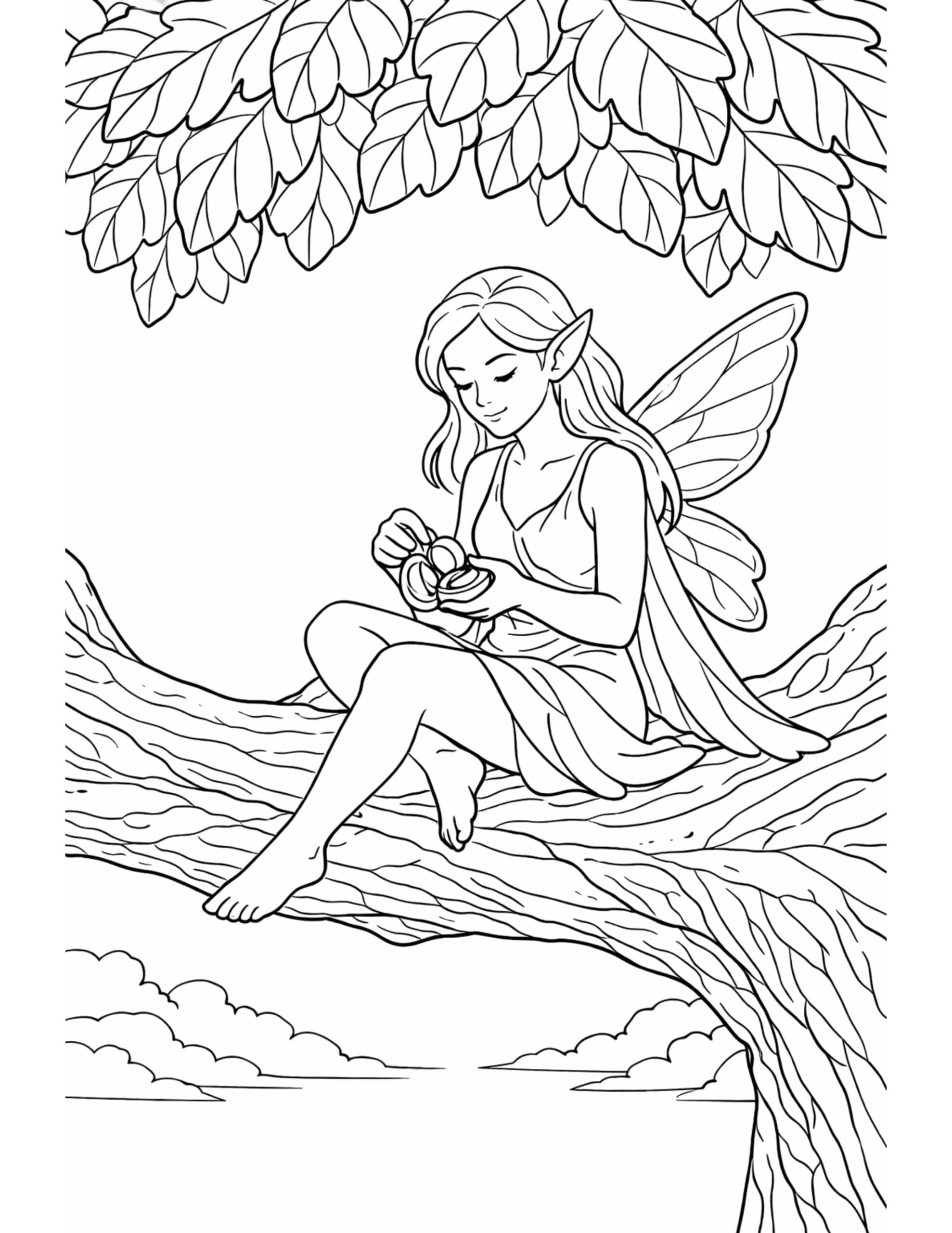 fairy holding flower on branch coloring page with a winged fairy sitting on a thick tree limb under leafy canopy coloring page