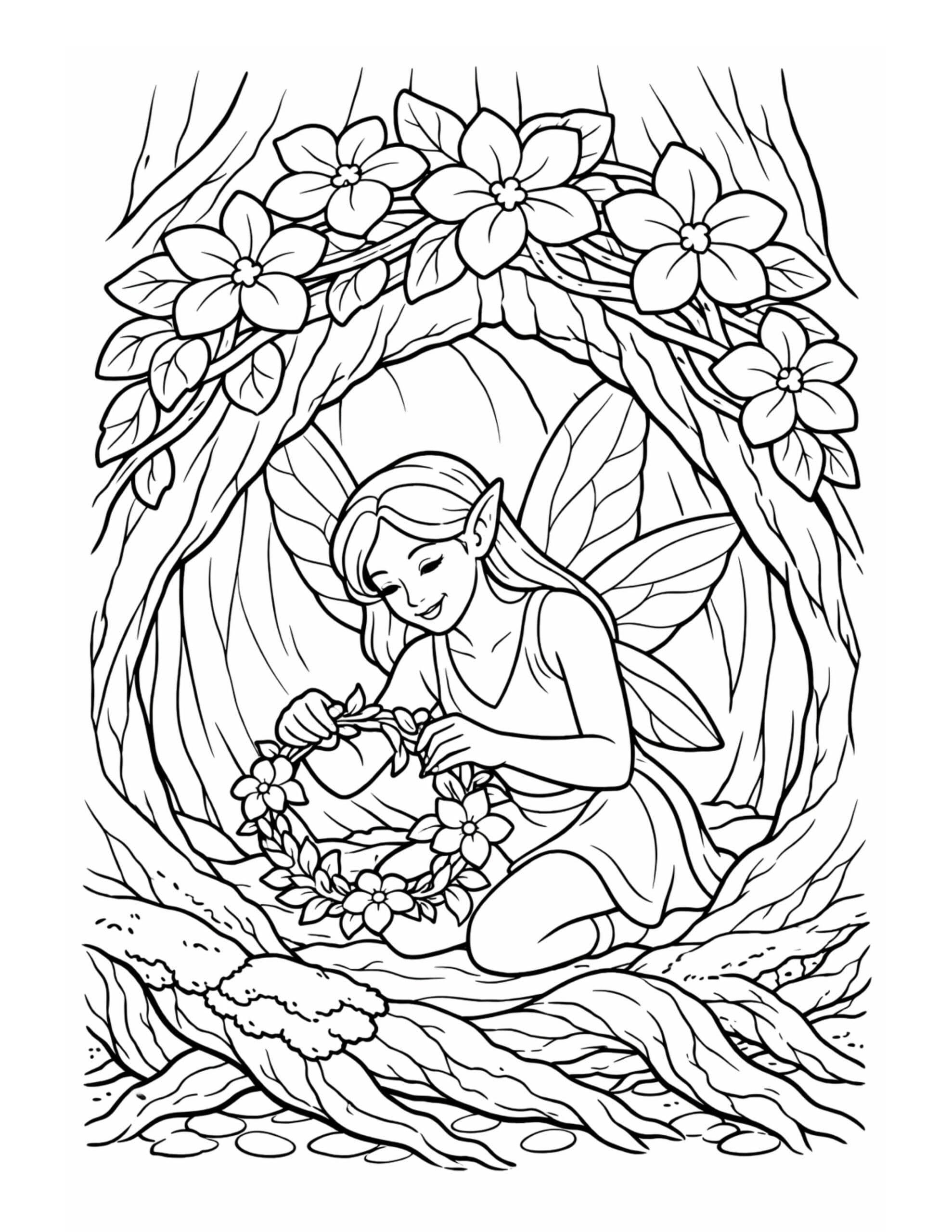 Fairy Making a Flower Wreath Coloring Page