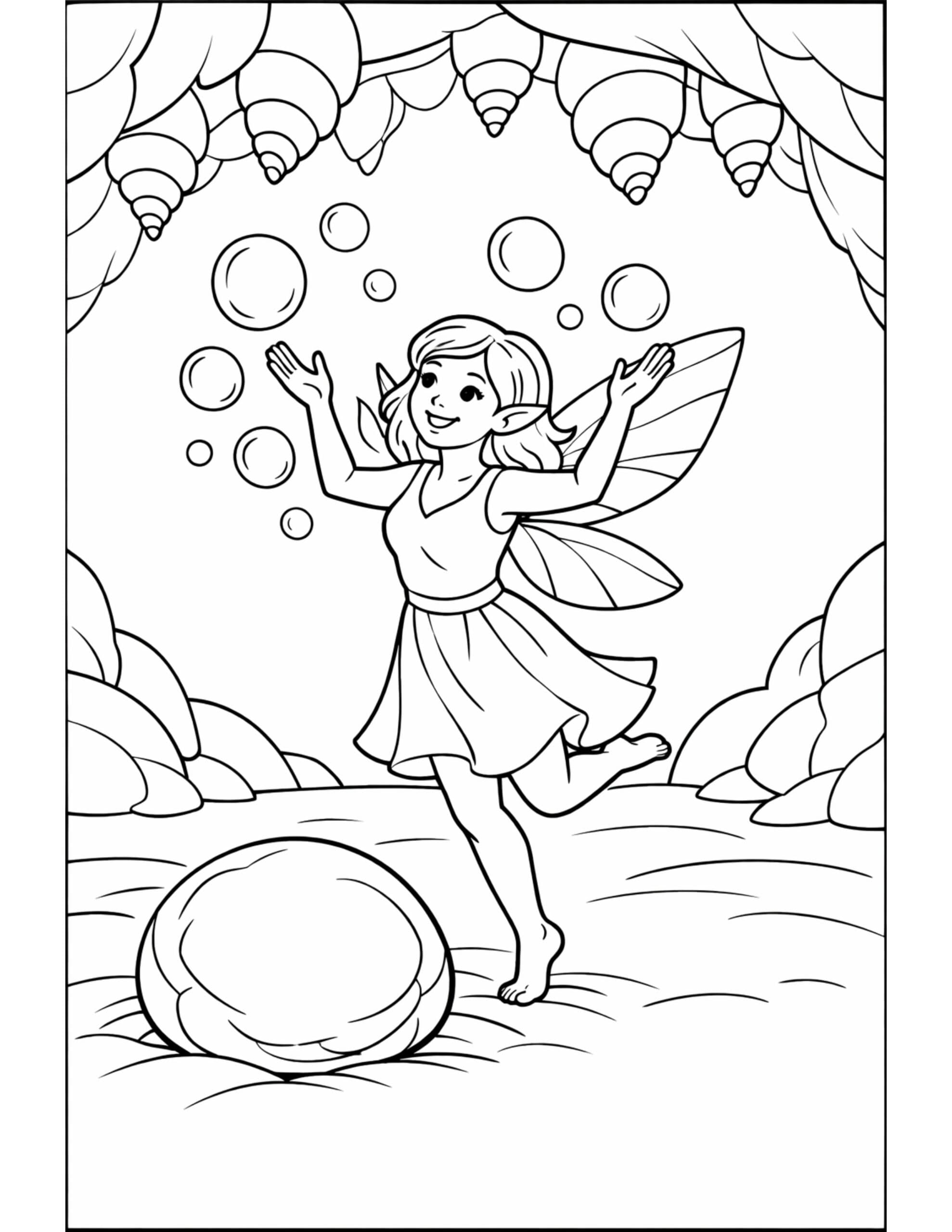 fairy playing with bubbles coloring page with a smiling fairy, floating bubbles, and a big pearl coloring page