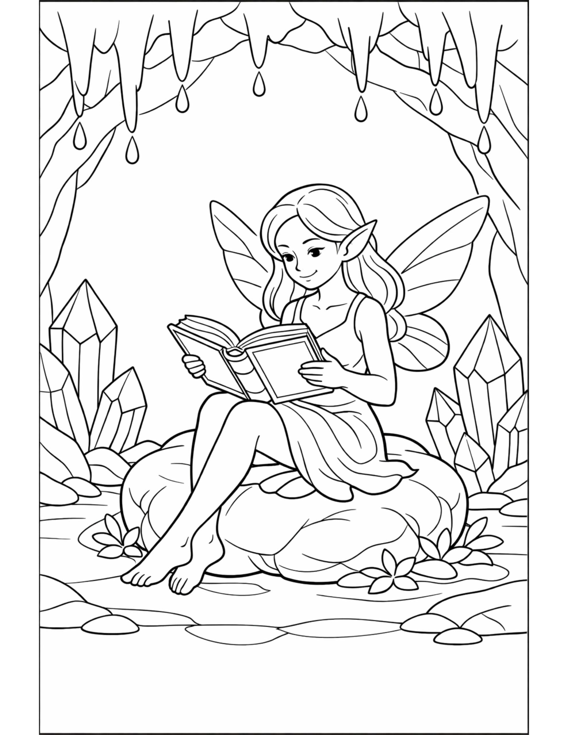 fairy reading in crystal cave coloring page, sitting on a rock with crystals and dripping cave ceiling coloring page