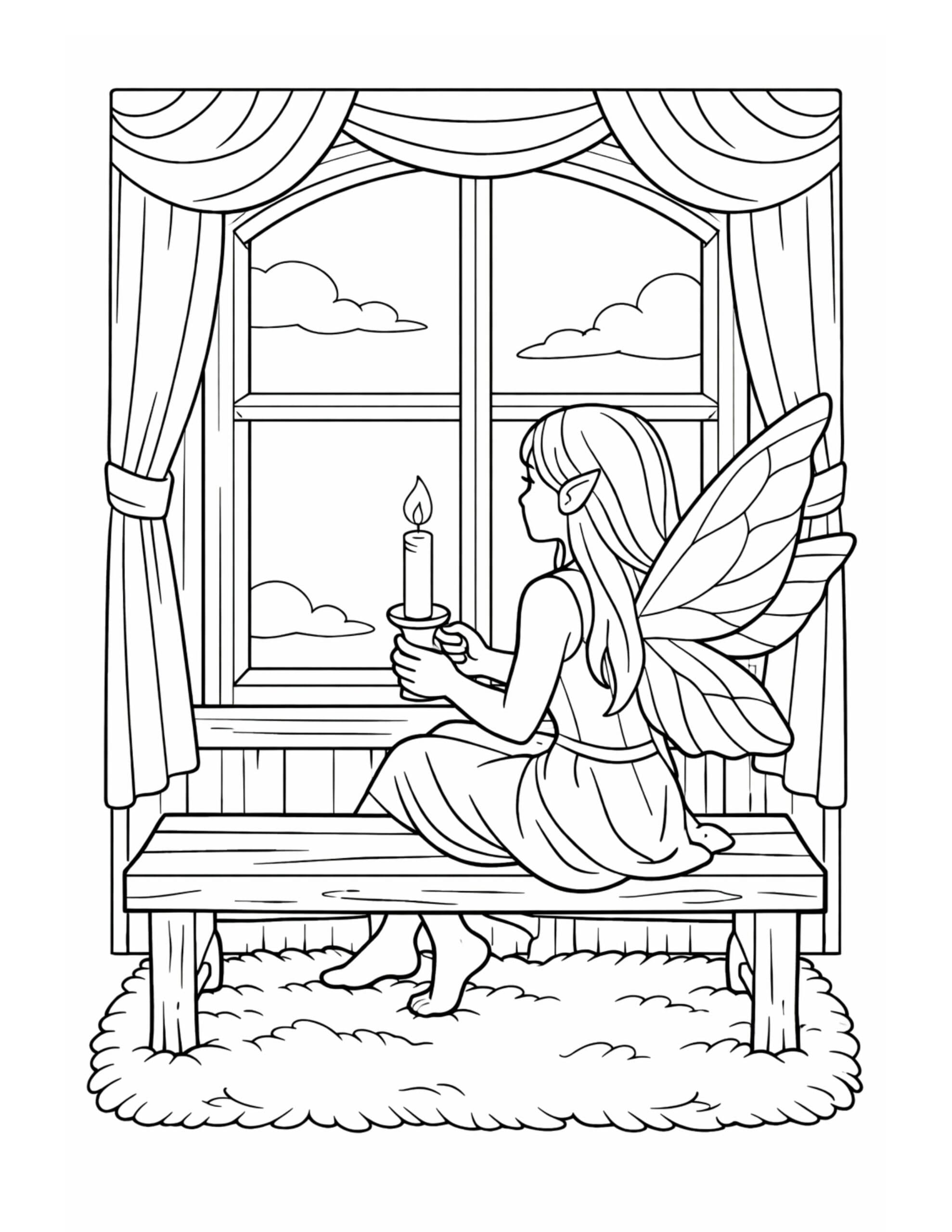 fairy sitting by window candle coloring page with a winged fairy holding a candle indoors coloring page