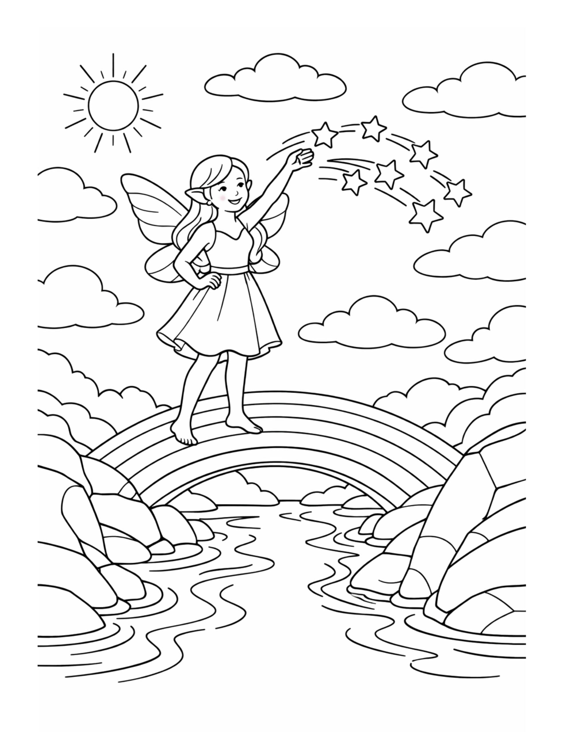 fairy standing on a rainbow coloring page with clouds stars and a smiling fairy