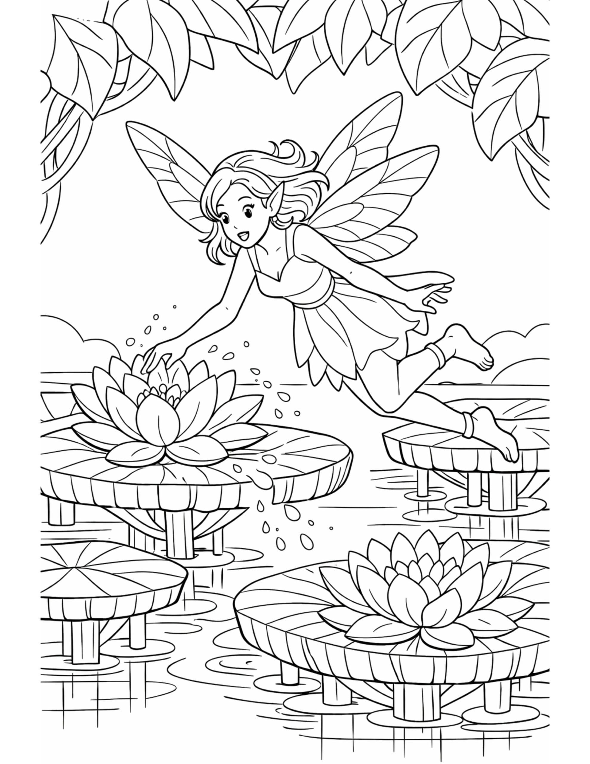 fairy touching lotus flower coloring page with delicate wings above a calm pond coloring page