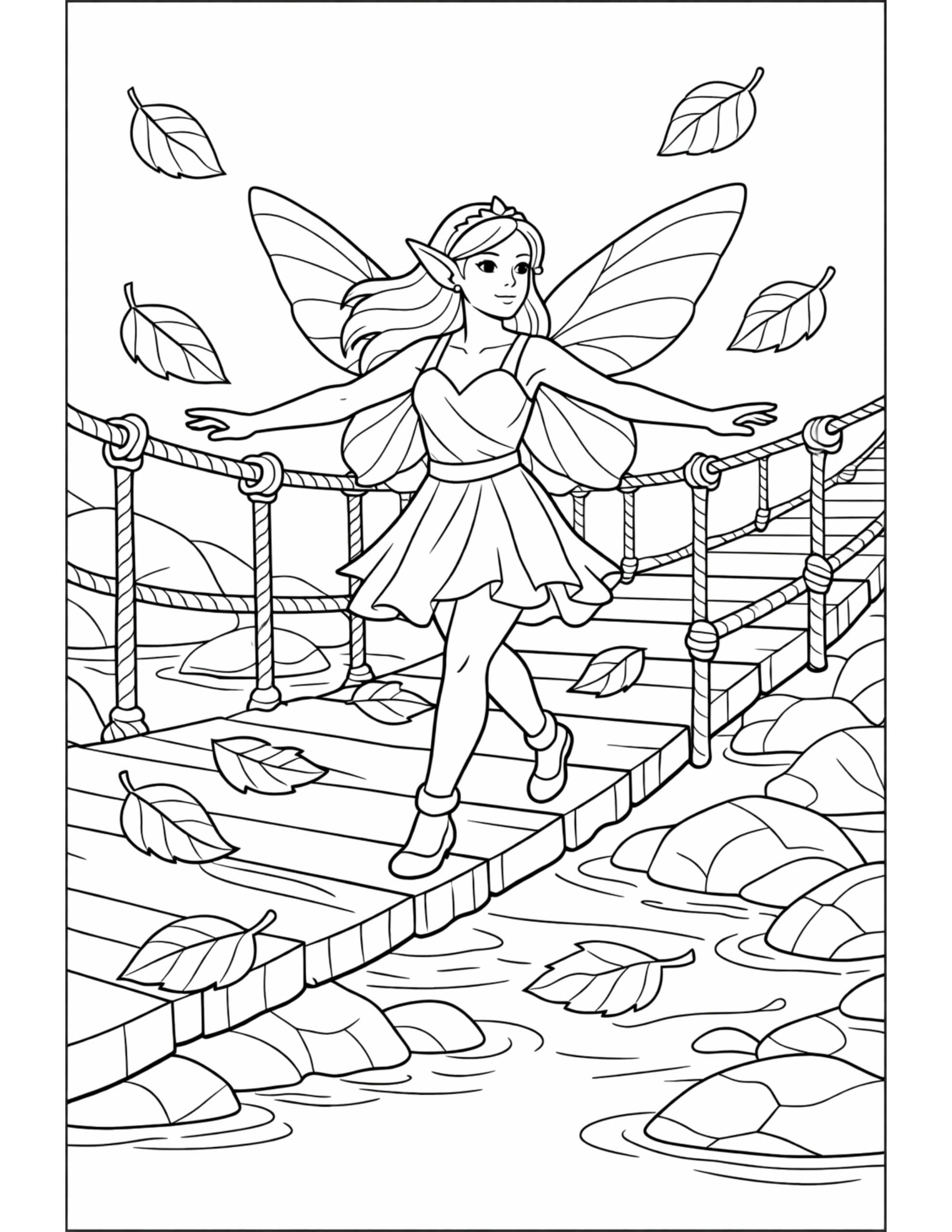 fairy walking on rope bridge coloring page featuring a winged fairy crossing above a stream with rocks and falling leaves coloring page