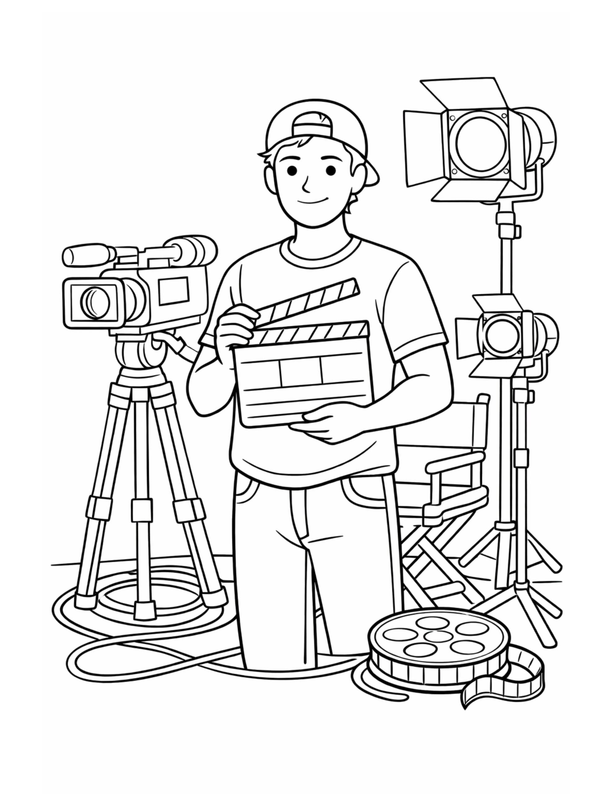 film crew holding clapperboard coloring page with camera, studio lights, director chair, and film reel coloring page