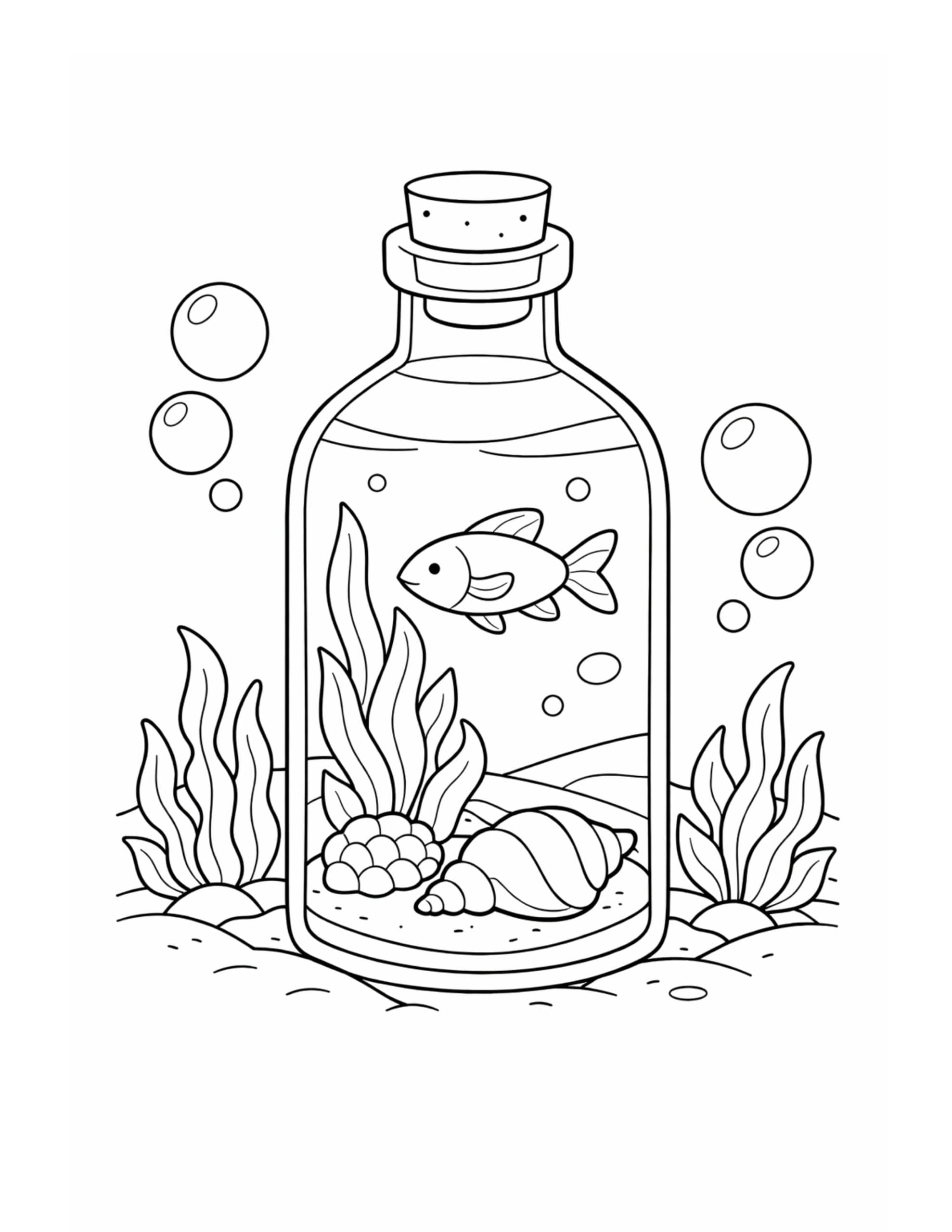 fish in a bottle aquarium coloring page with a small fish, sea plants, bubbles, and a shell inside a glass bottle coloring page