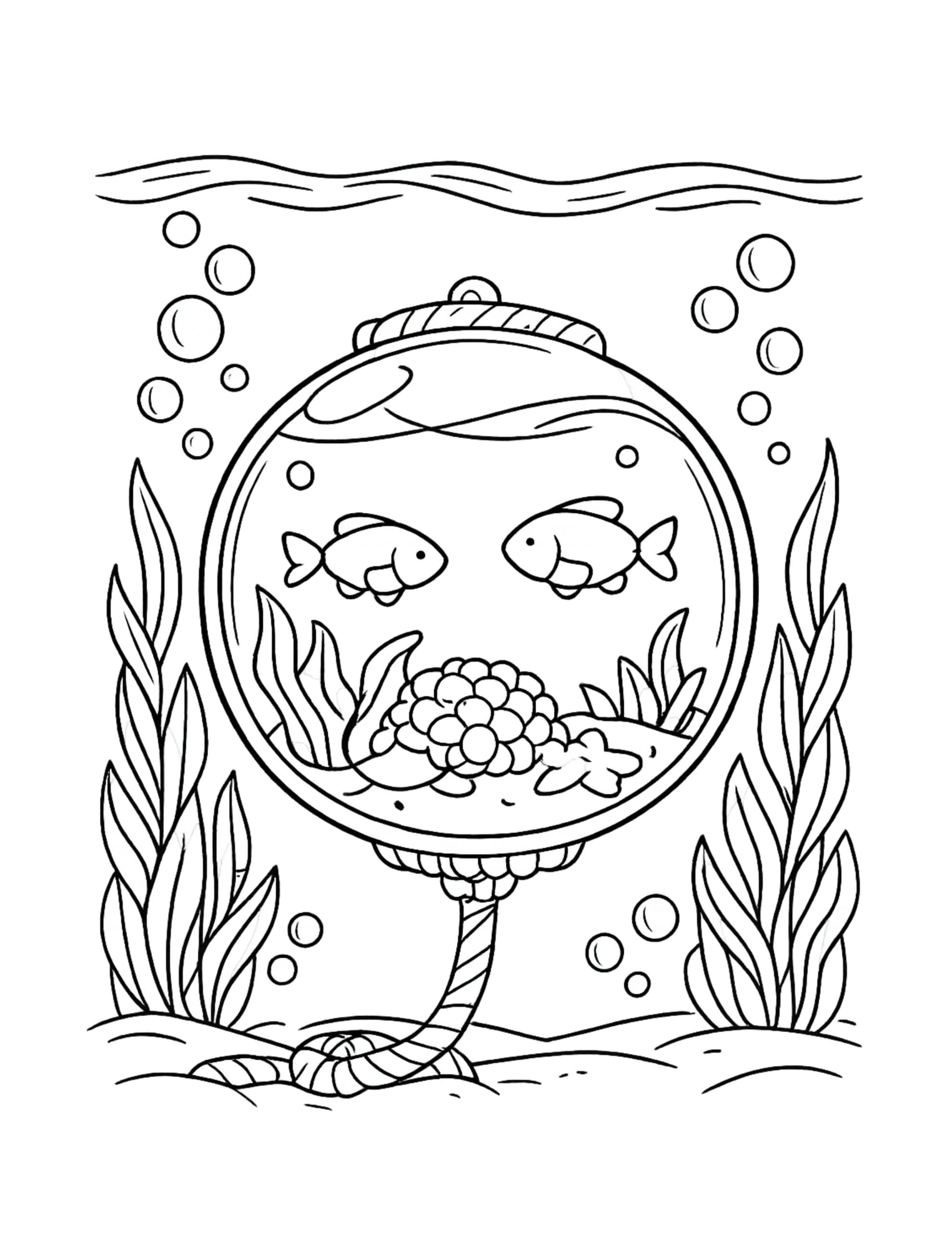 fishbowl with two fish underwater coloring page showing a round bowl on a stand with bubbles and seaweed coloring page
