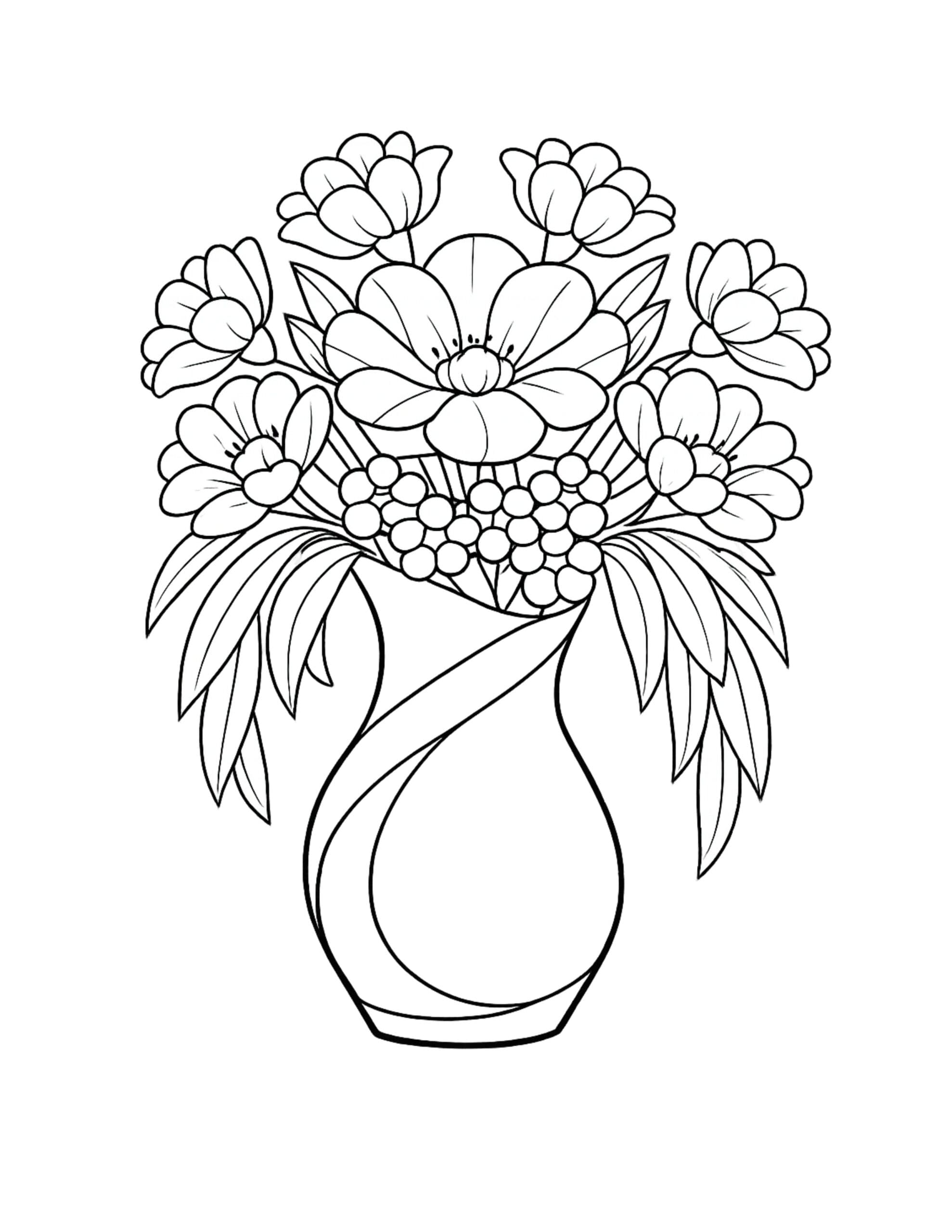 floral arrangement with berries vase coloring page featuring a curvy vase, layered blossoms, berry cluster, and leaves coloring page