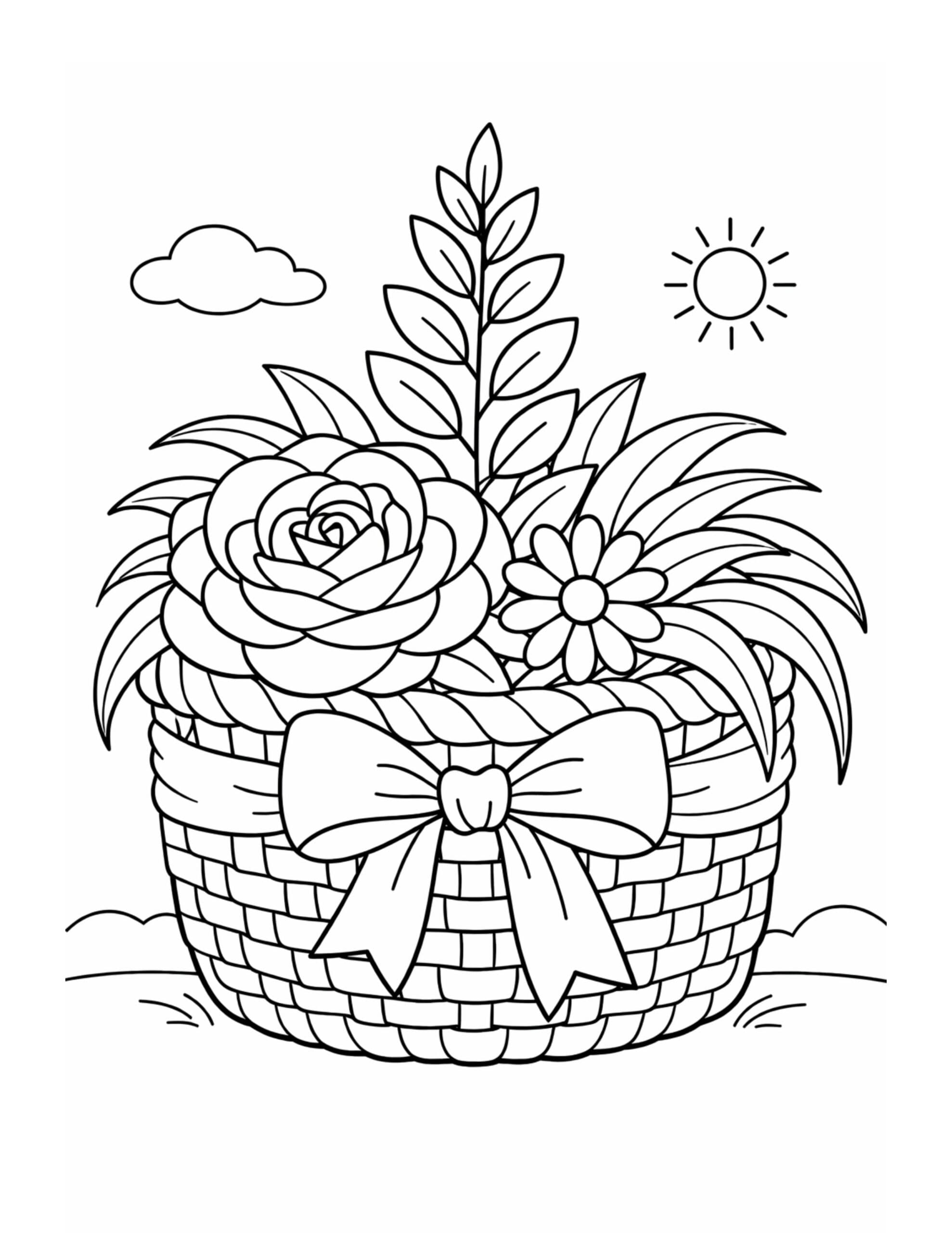 flower basket under sunny sky coloring page with woven basket, ribbon bow, leaves, sun and cloud coloring page