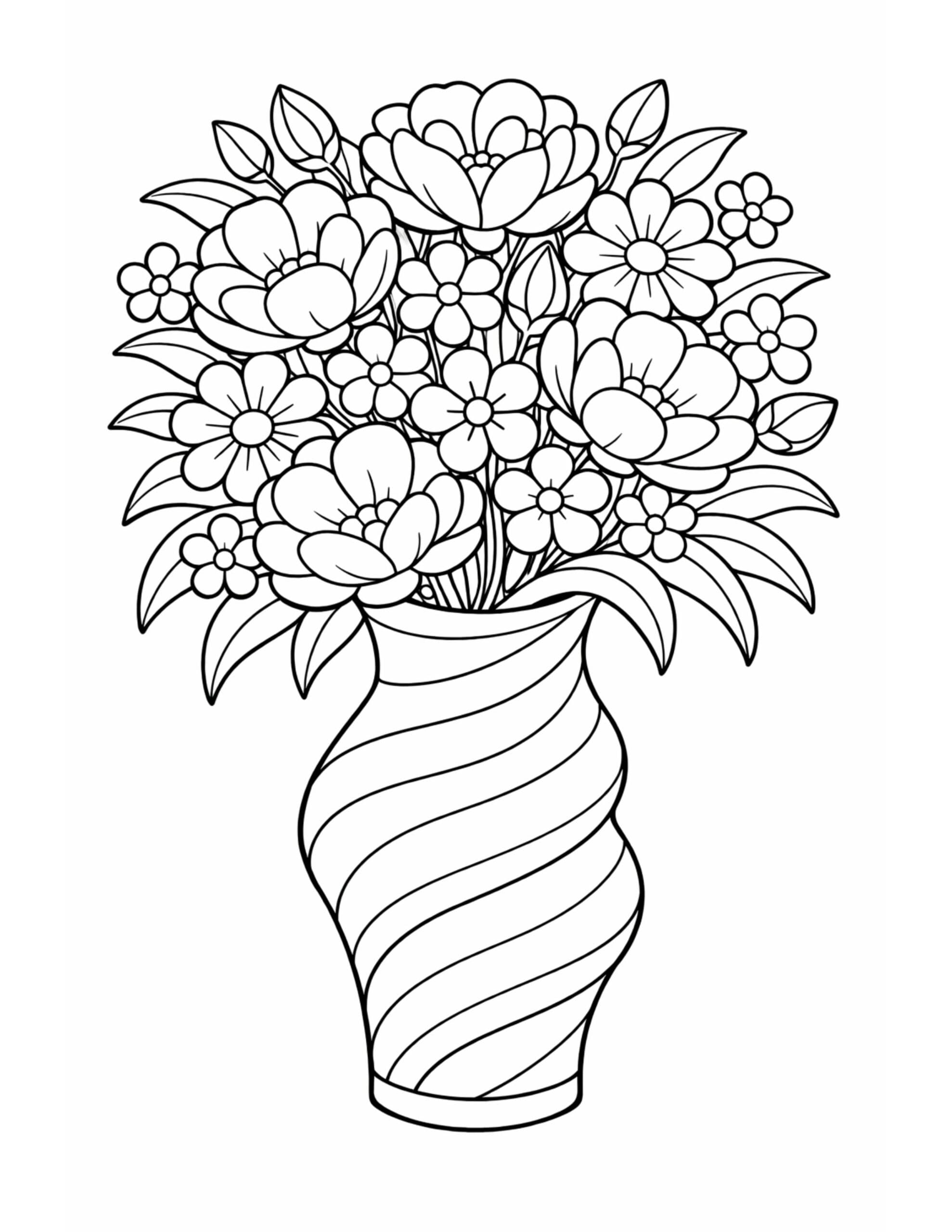 flower bouquet in swirl vase coloring page showing a full bouquet in a wavy striped vase coloring page