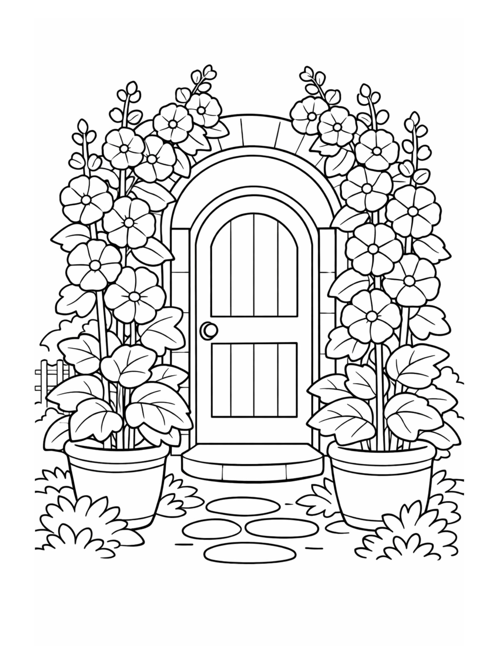 flower pots framing arched door coloring page with potted blooms, leafy stems, and stepping stones coloring page