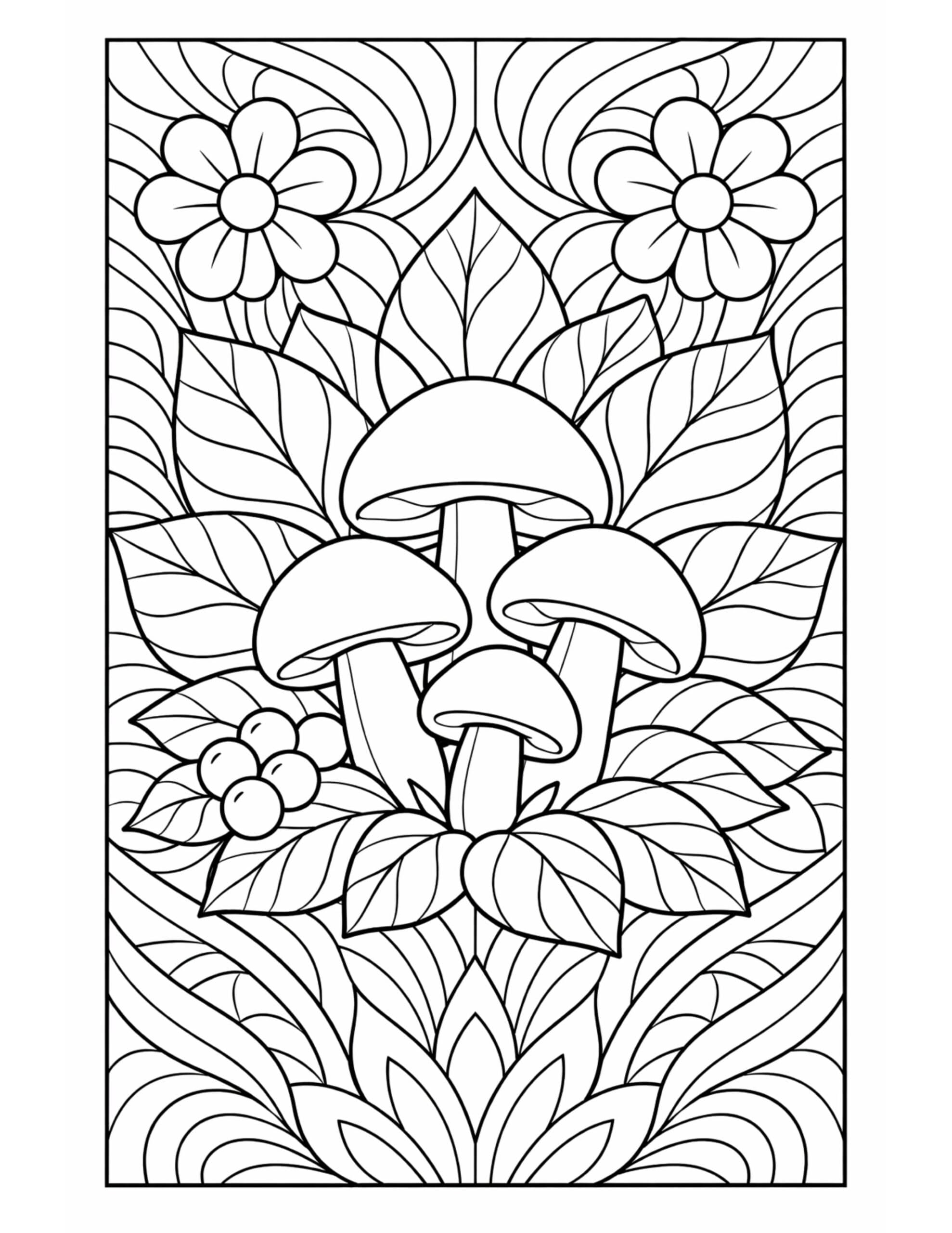 forest mushrooms with leaves coloring page featuring detailed leaves flowers and natural patterns coloring page