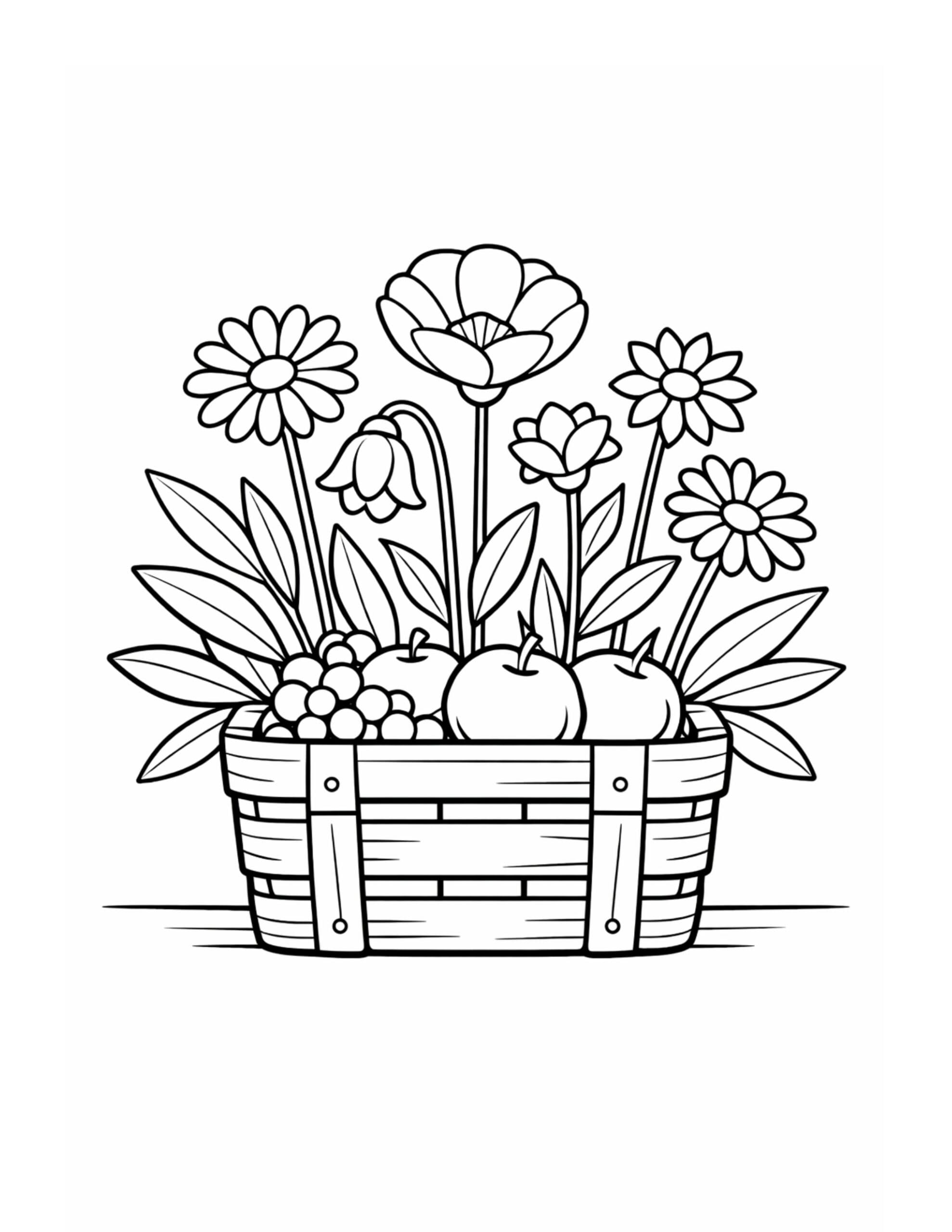 fruit basket with garden flowers coloring page showing apples, grapes, and tall blooms in a wooden basket coloring page
