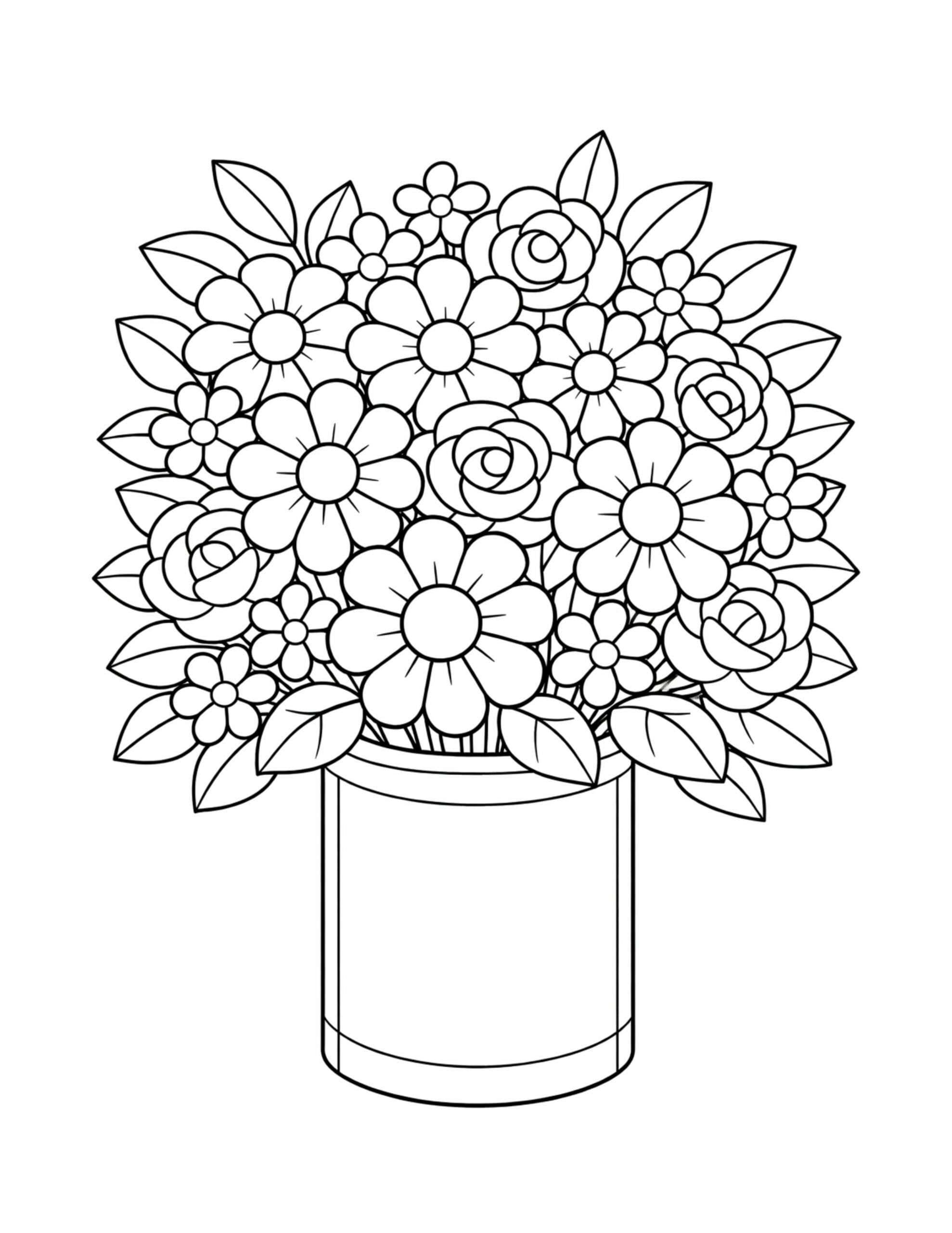full flower bouquet in pot coloring page with daisies and roses packed in a simple round pot coloring page