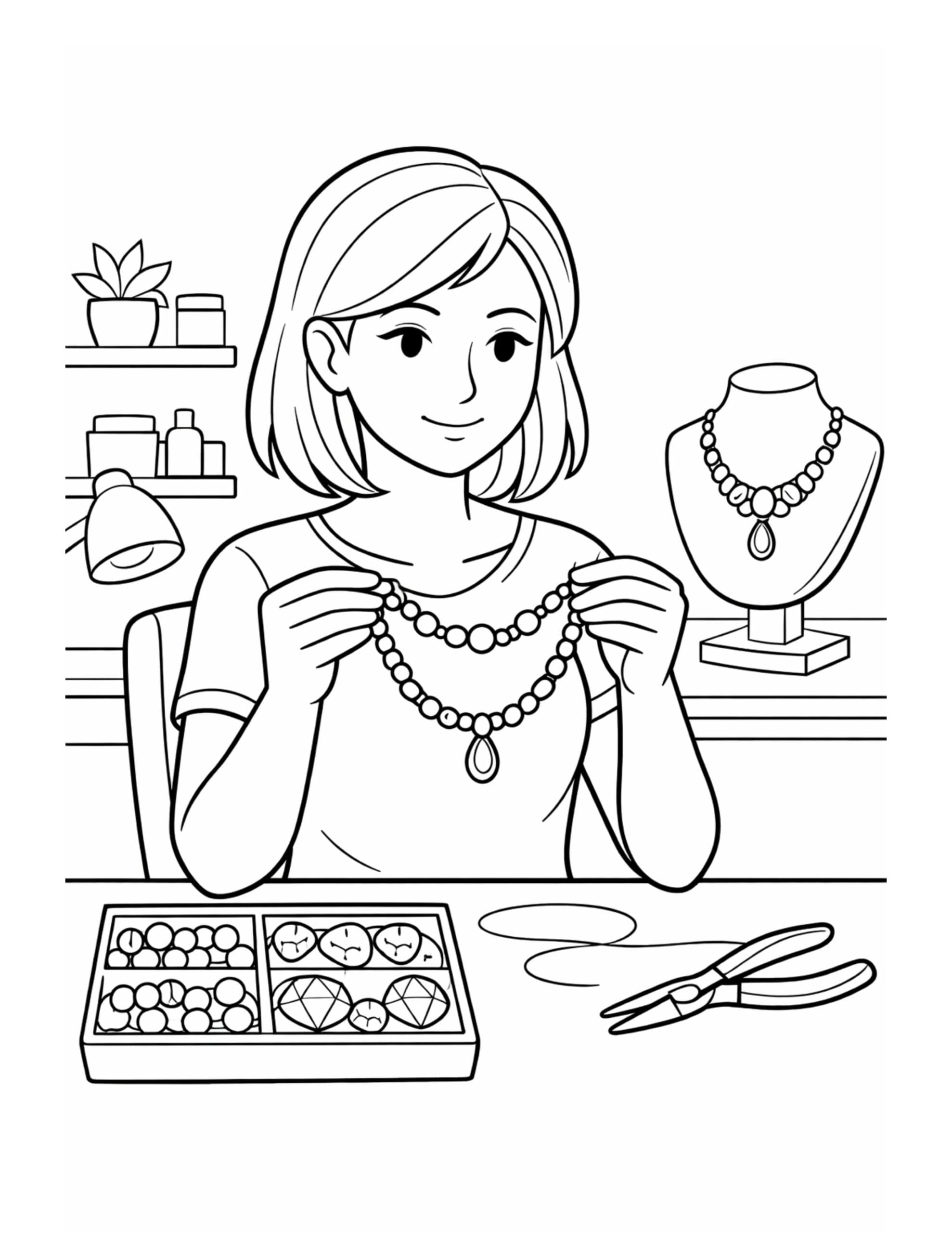 jewelry maker holding beaded necklace coloring page with a pendant, bead tray, and tools on a worktable coloring page