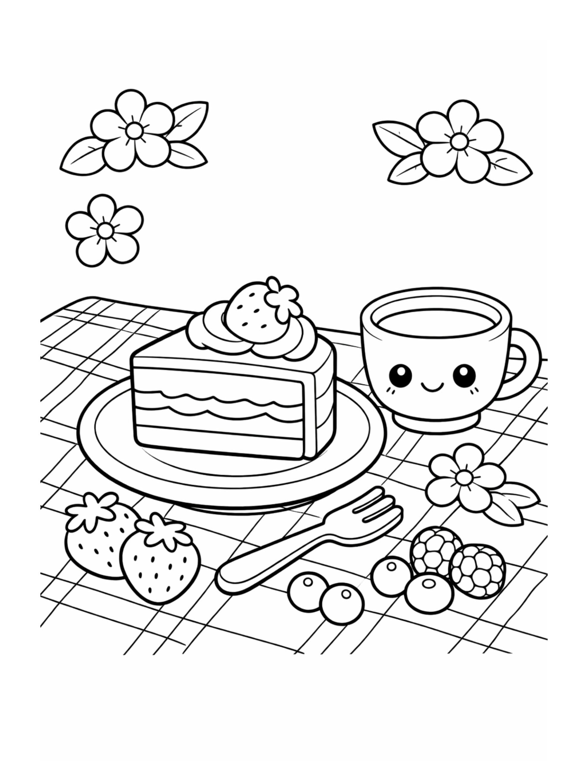kawaii cake slice with tea coloring page with smiling cup, layered cake, berries, fork, and flowers coloring page