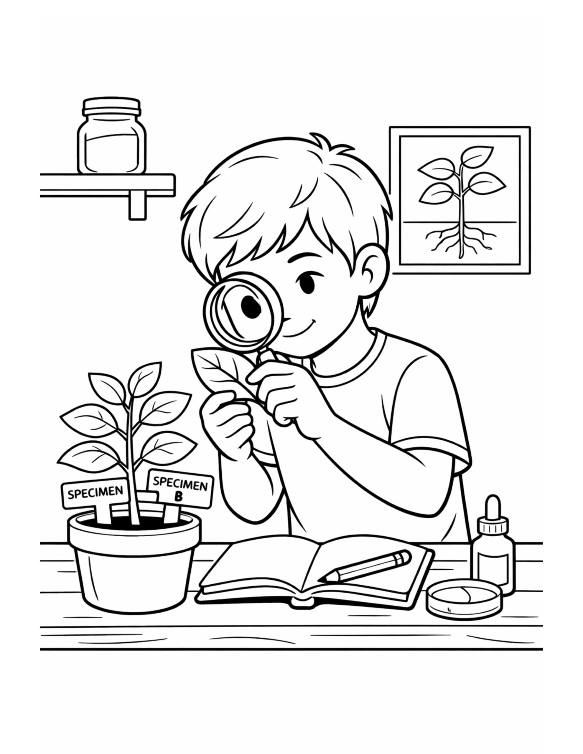 kid botanist examining leaf coloring page with a child using a magnifying glass to study a plant coloring page