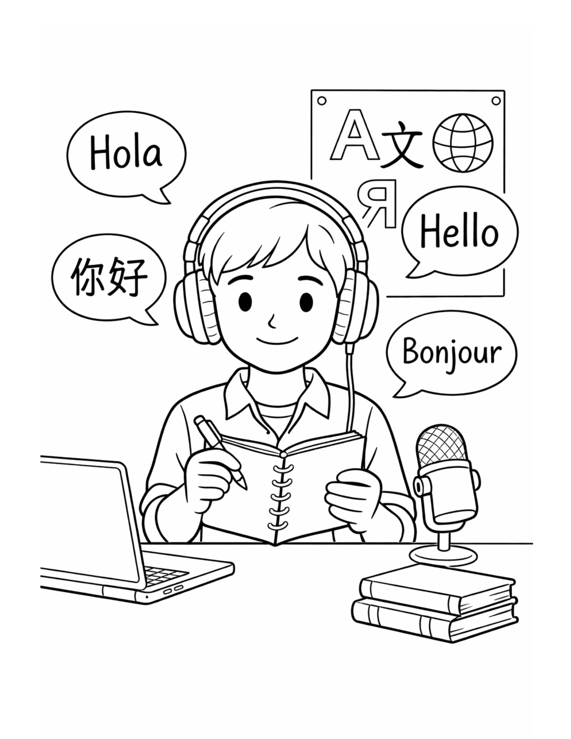 language tutor recording lesson coloring page showing headphones, notebook, laptop, and microphone coloring page