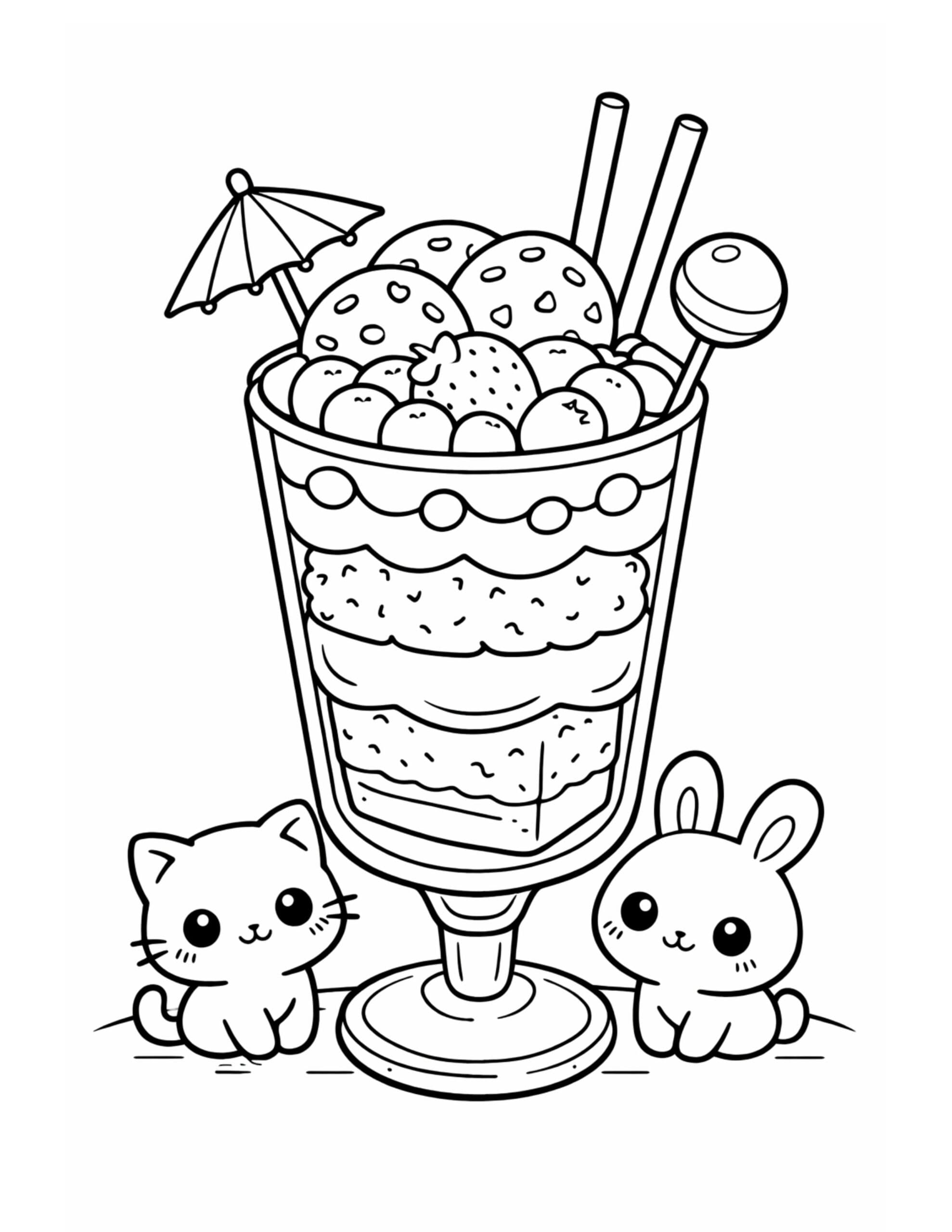 layered parfait with cat bunny coloring page featuring a tall dessert glass, berries, wafer sticks, and tiny friends