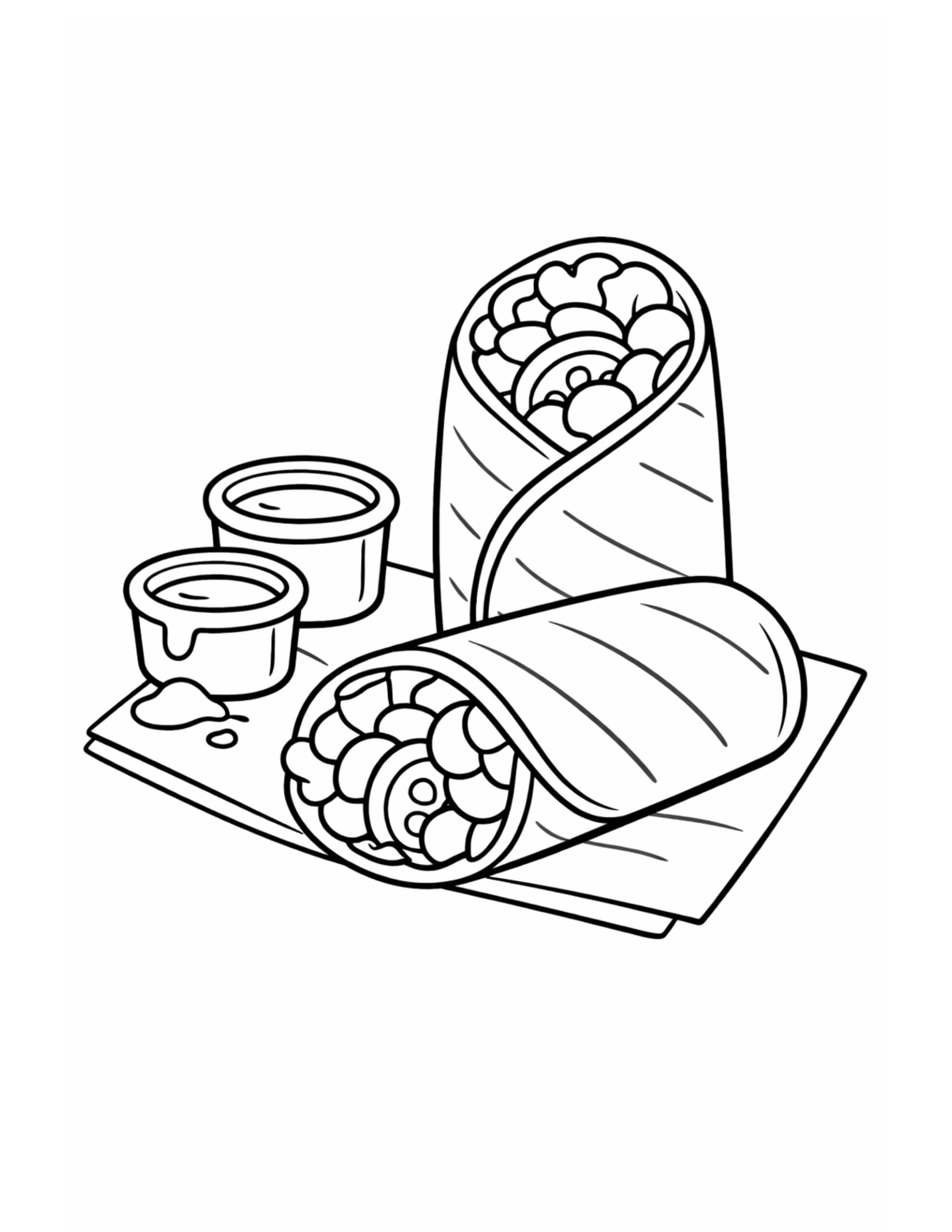 loaded burrito with dipping sauces coloring page showing two stuffed wraps with side sauce cups on a tray coloring page