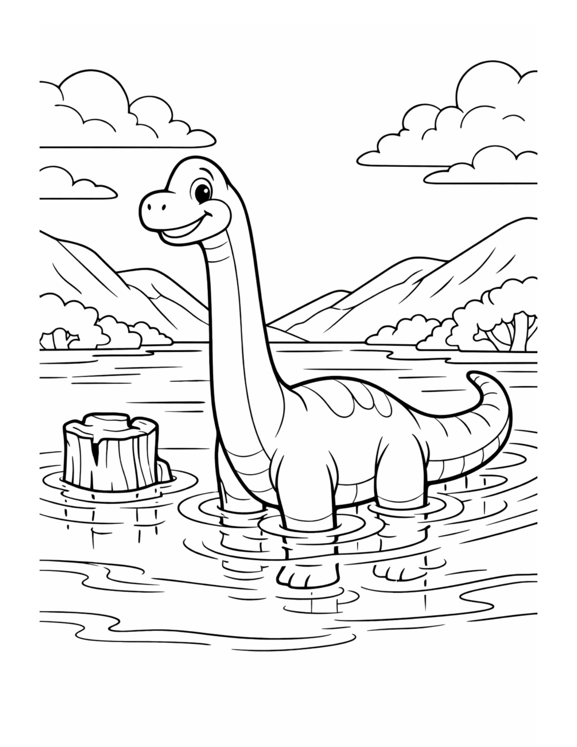 long neck dinosaur in lake coloring page standing in calm water with mountains and clouds, coloring page
