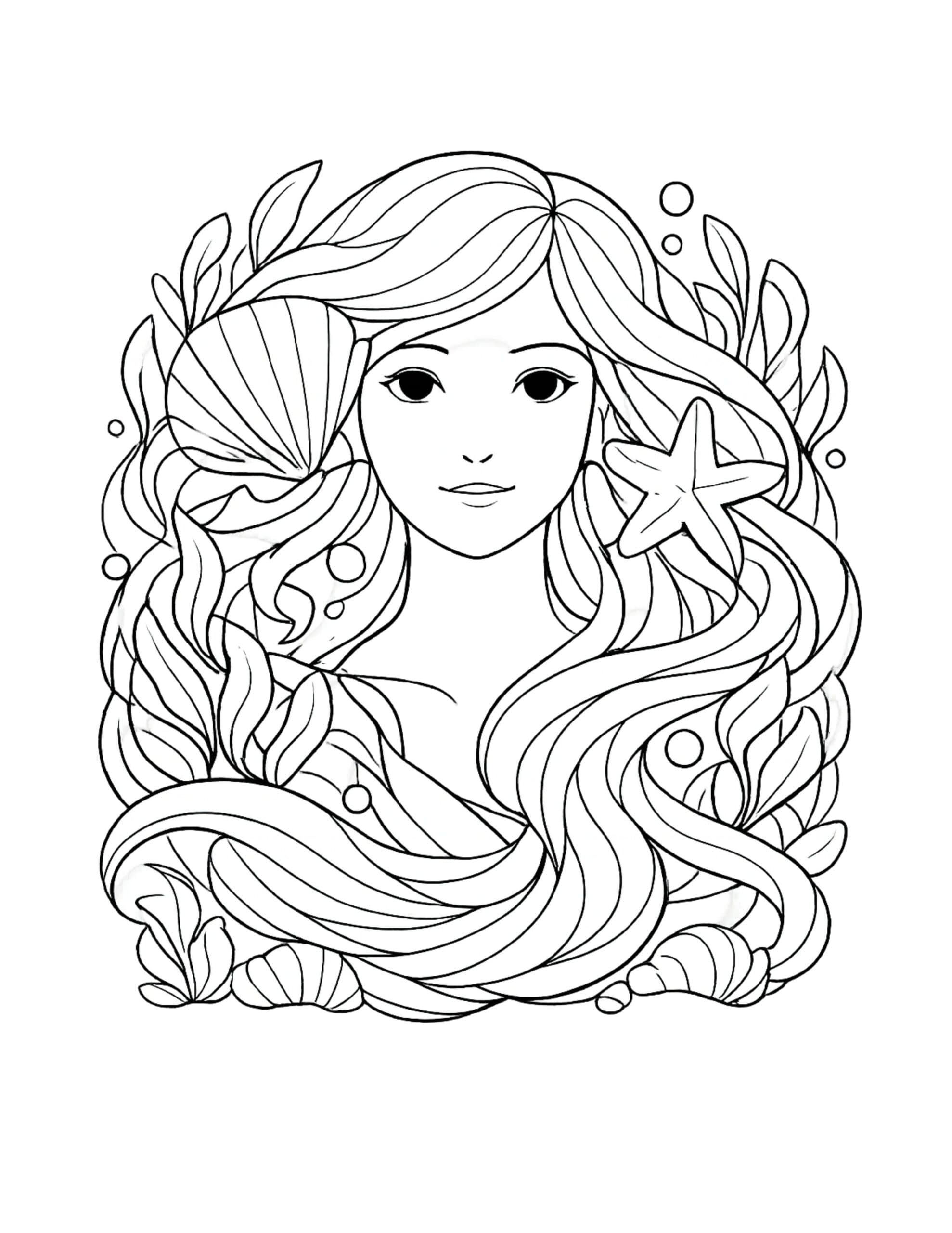 mermaid portrait with starfish coloring page with flowing hair, seashell, sea plants, and bubbles coloring page