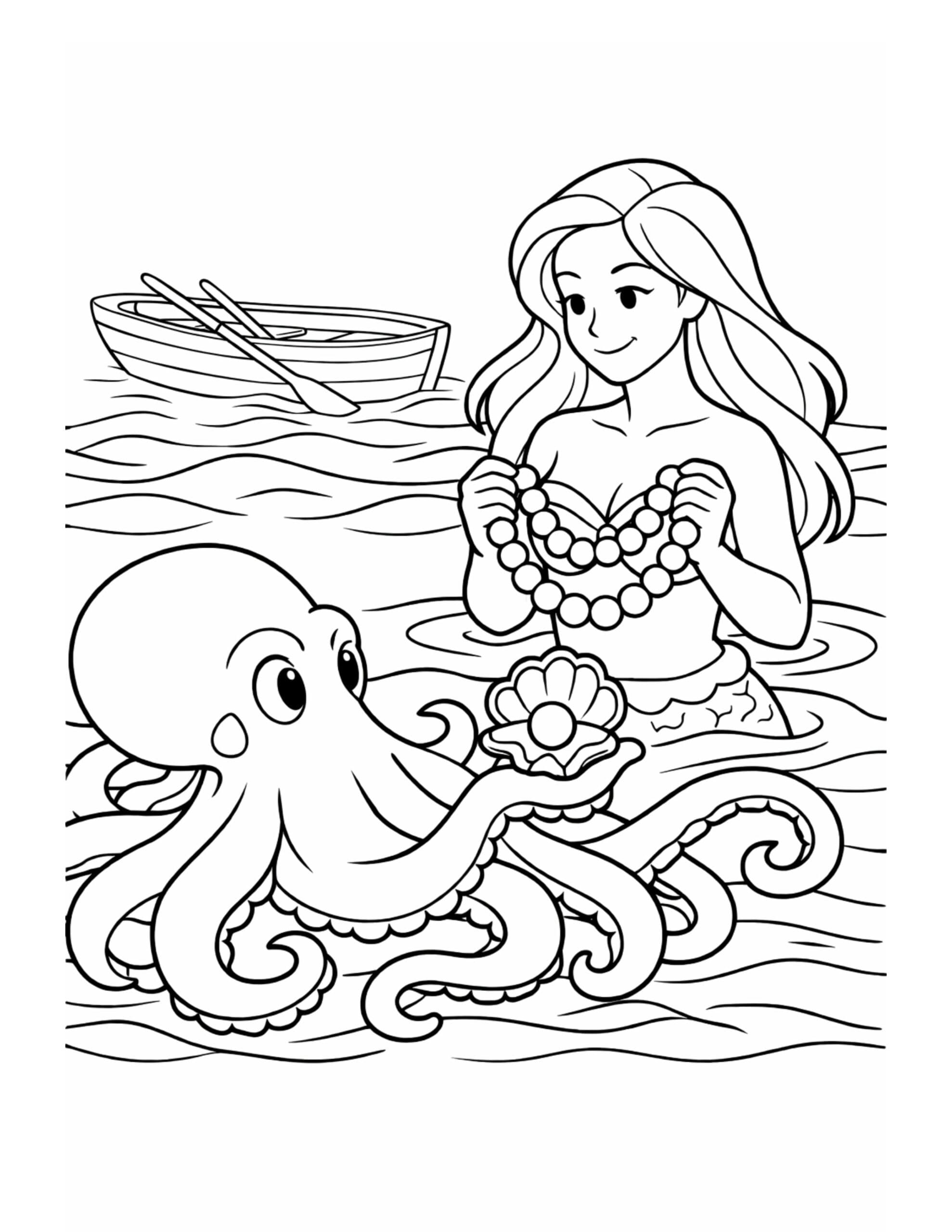 mermaid receiving pearl from octopus coloring page with a mermaid holding a necklace and an octopus offering a pearl coloring page