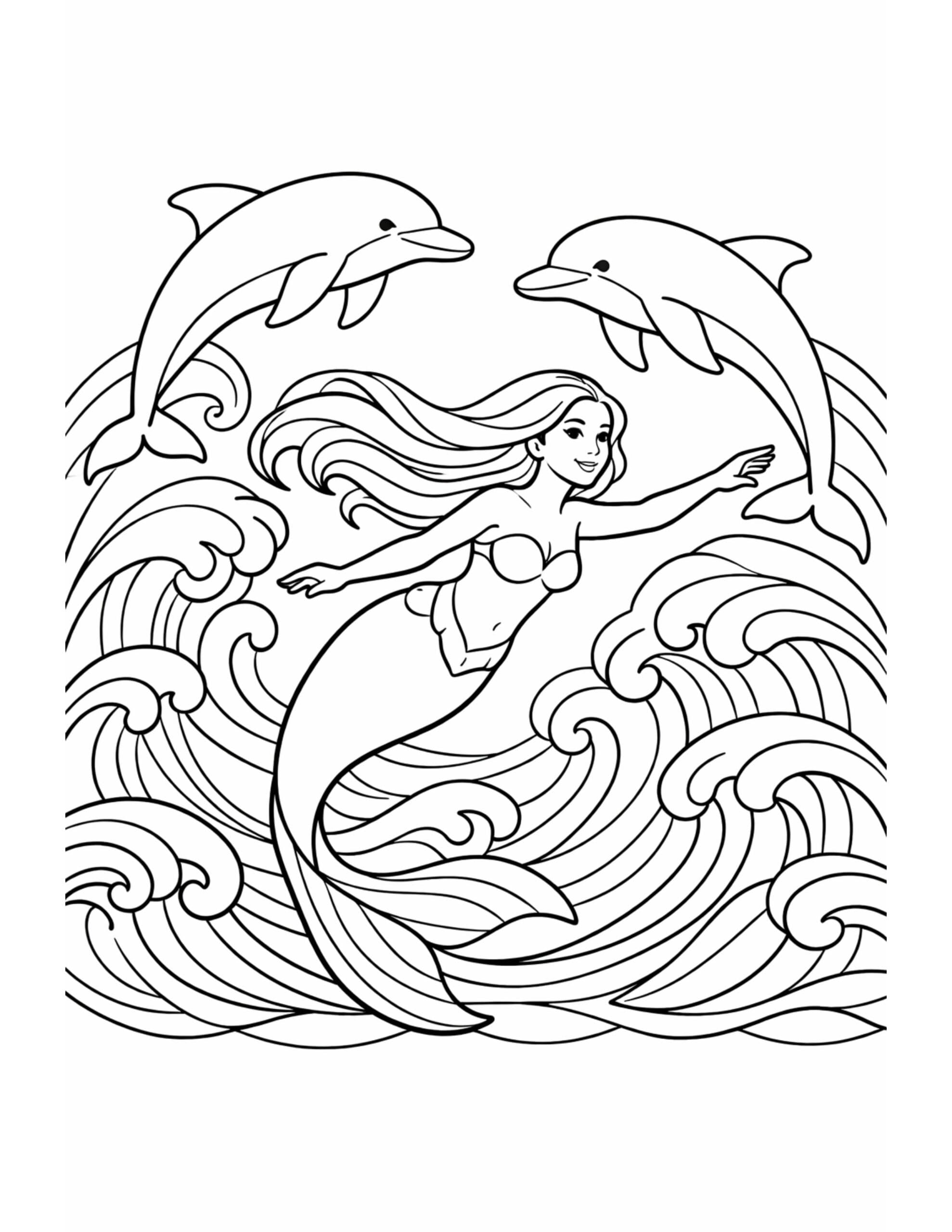 mermaid swimming with dolphins coloring page featuring ocean waves and playful sea life coloring page