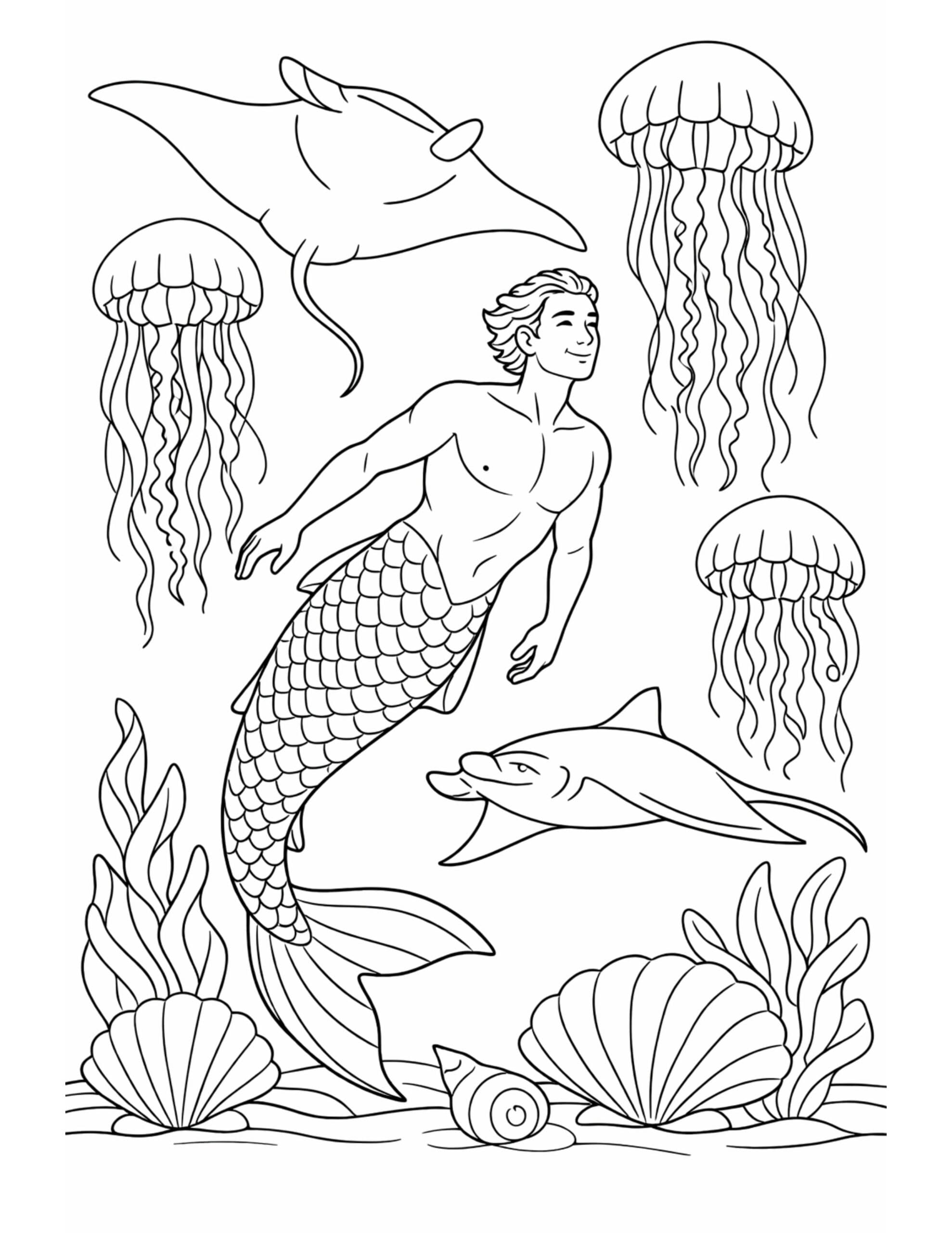 merman swimming with dolphin coloring page with manta ray above, jellyfish, and seashells coloring page