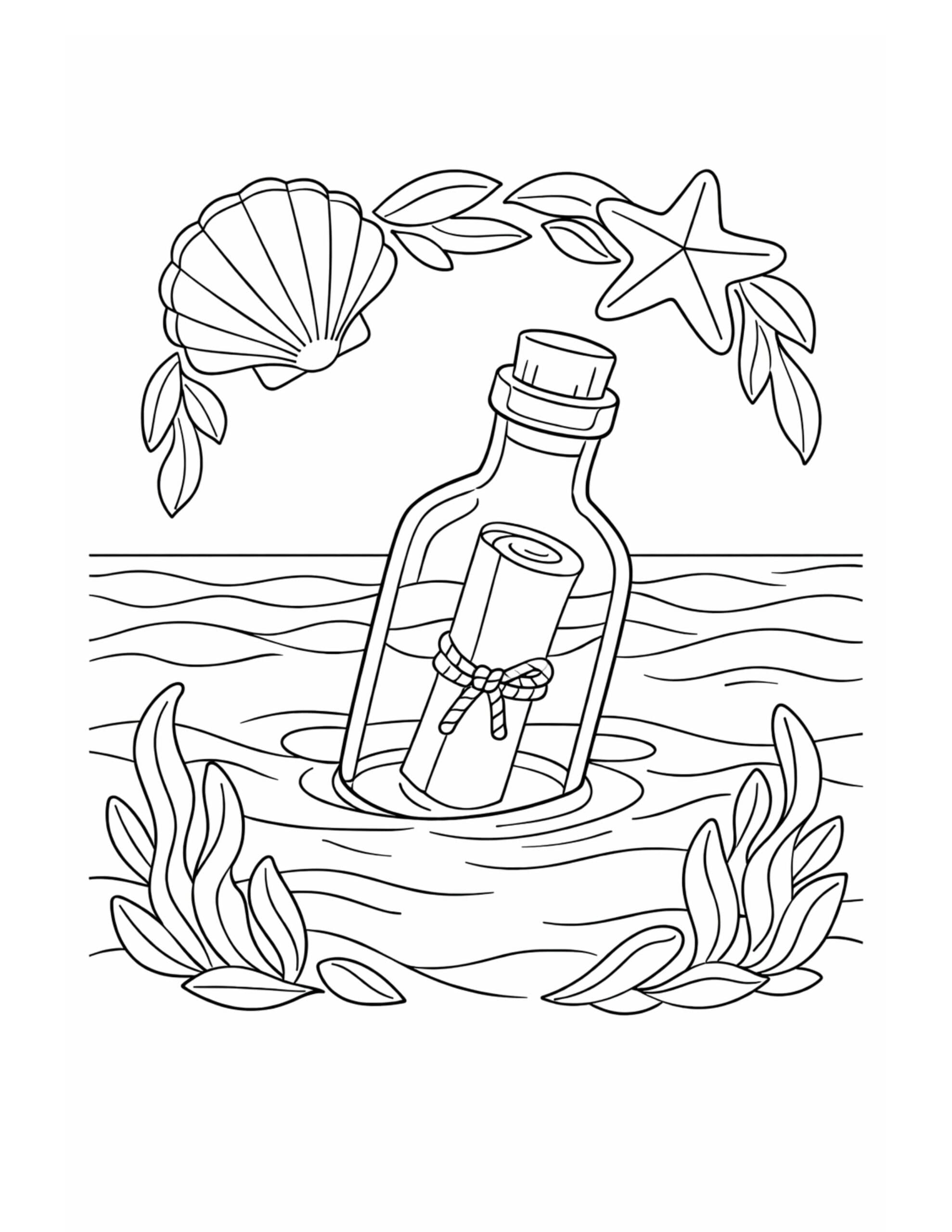 message in a bottle floating coloring page with ocean waves, seaweed, shell, and starfish coloring page