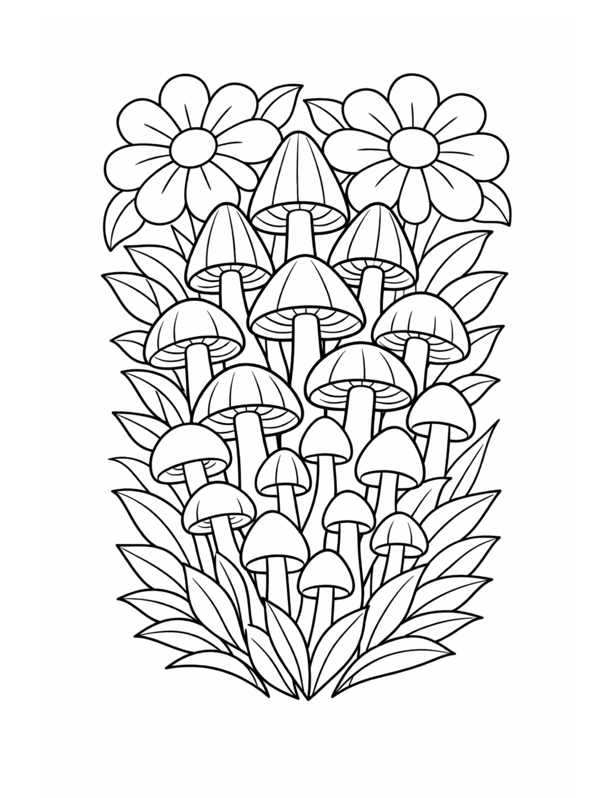 mushroom cluster with daisies coloring page featuring many mushrooms, large daisies, and layered leaves coloring page