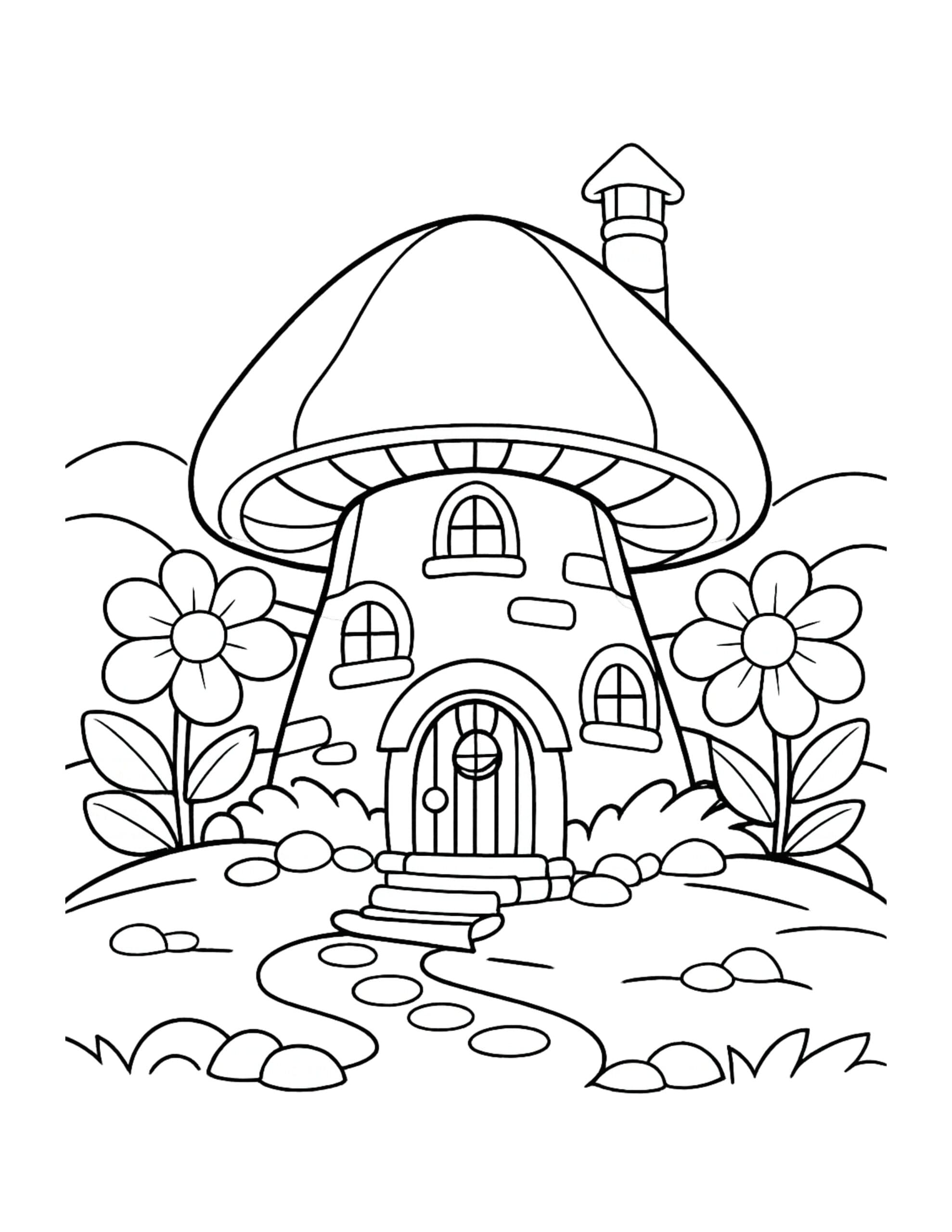 mushroom house with flowers coloring page showing a cozy mushroom home with windows, flowers, and a winding path coloring page
