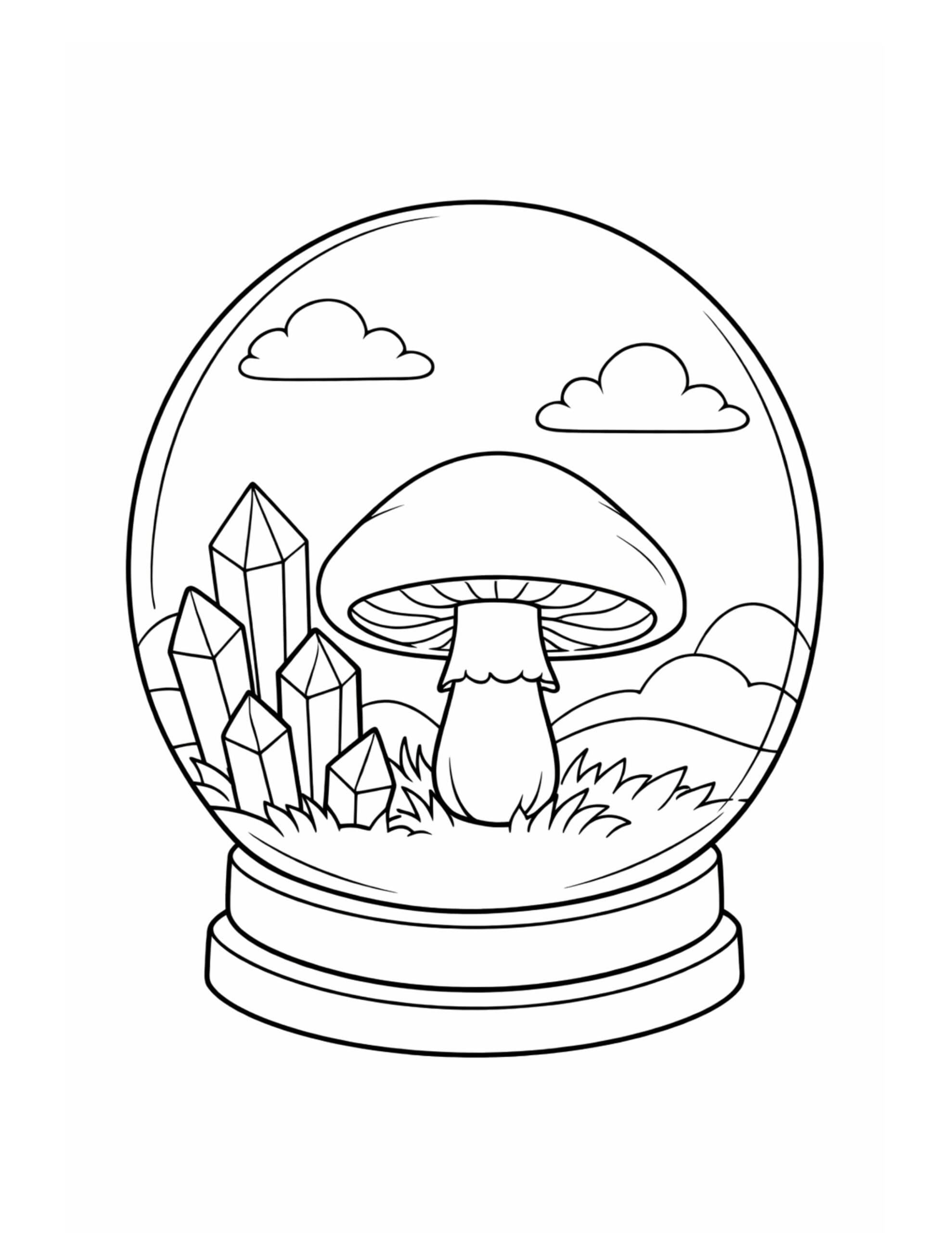 mushroom in crystal snowglobe coloring page featuring a glass globe, crystal points, clouds, and grassy ground coloring page